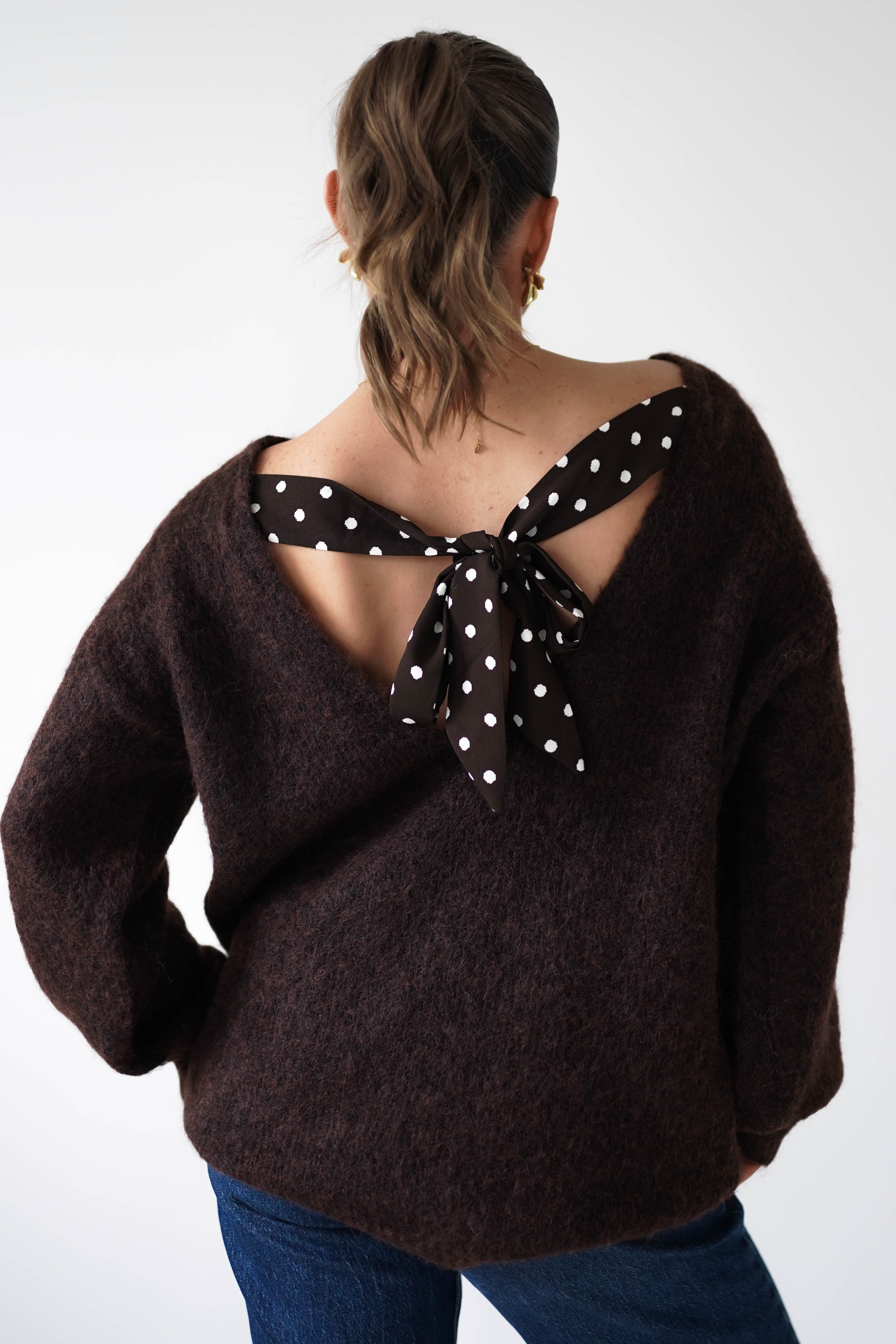 Oh Hello Clothing Women > Clothing > Knitwear ONE SIZE (6/12) 1*DONE-GRACIELA-PU6384- Polka Dot Bow Back Knit Jumper -brown