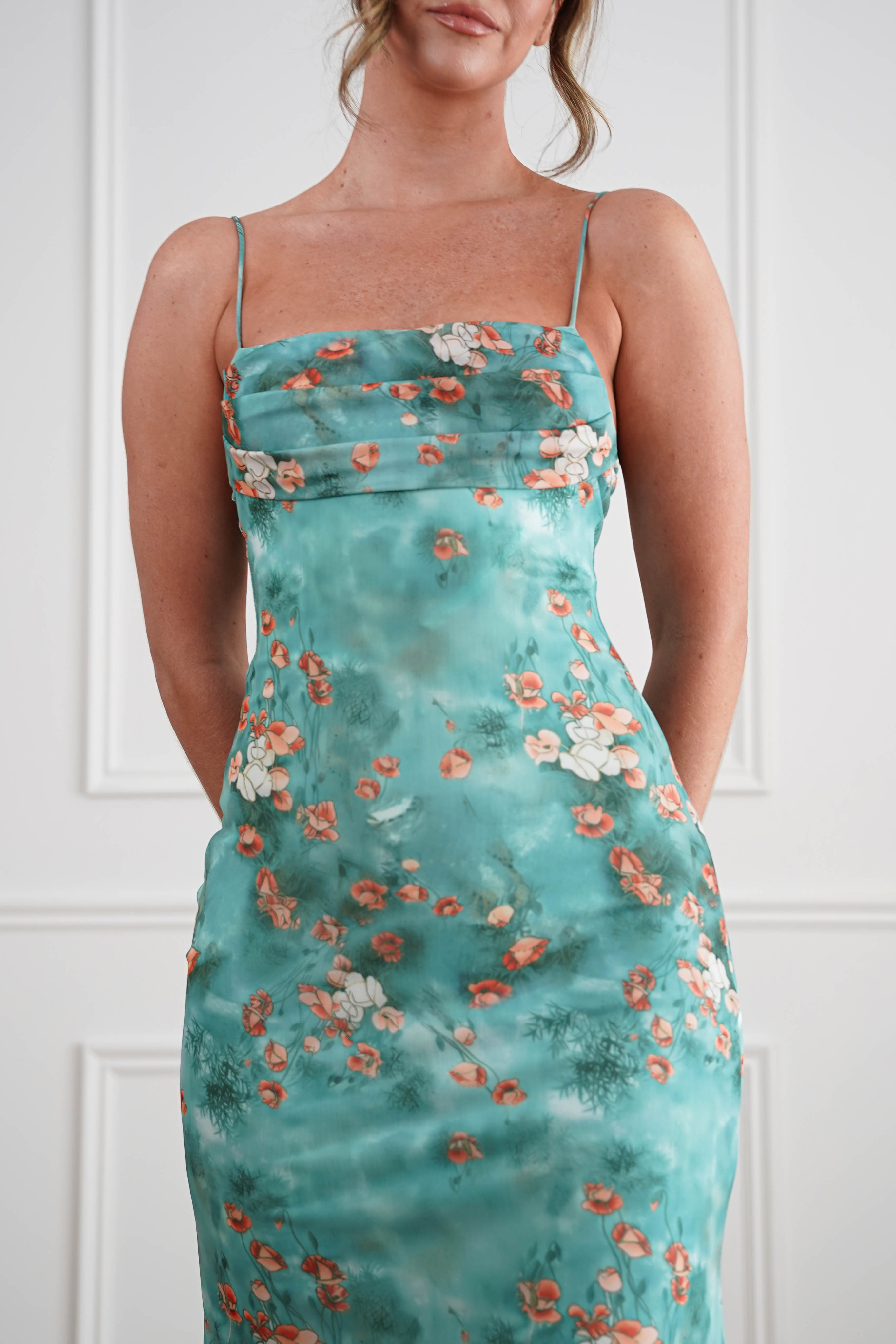 Oh Hello Clothing Women > Clothing > Dresses 1*DONE -INDIKAH-64531D05-Green Floral Cowl Neck Slip Midi Dress