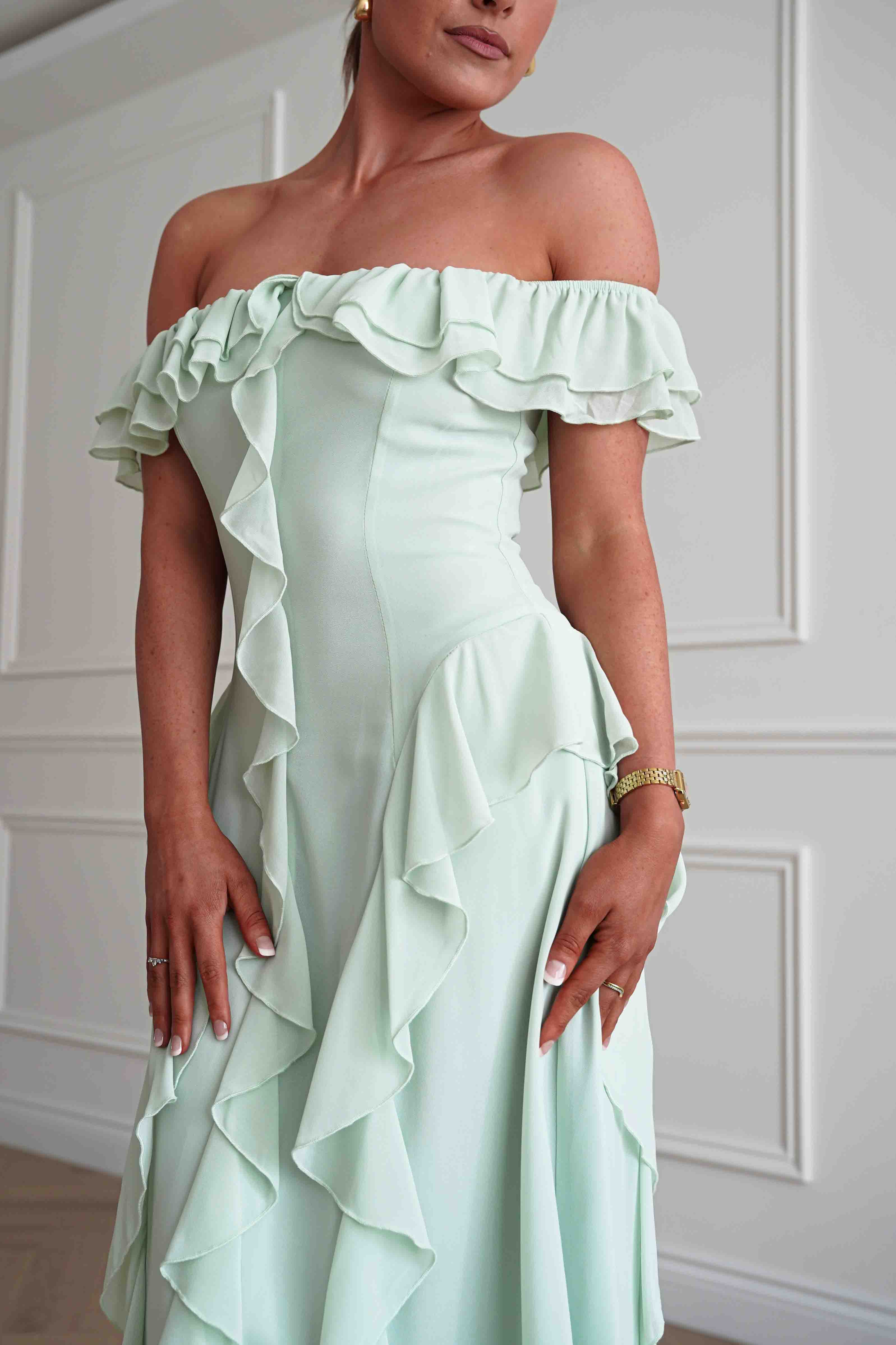 Oh Hello Clothing Dresses > Prom Dresses 1*DONE-INDIKAH-BRO501J- Ruffle Detail Bardot Maxi Dress – Sage Green