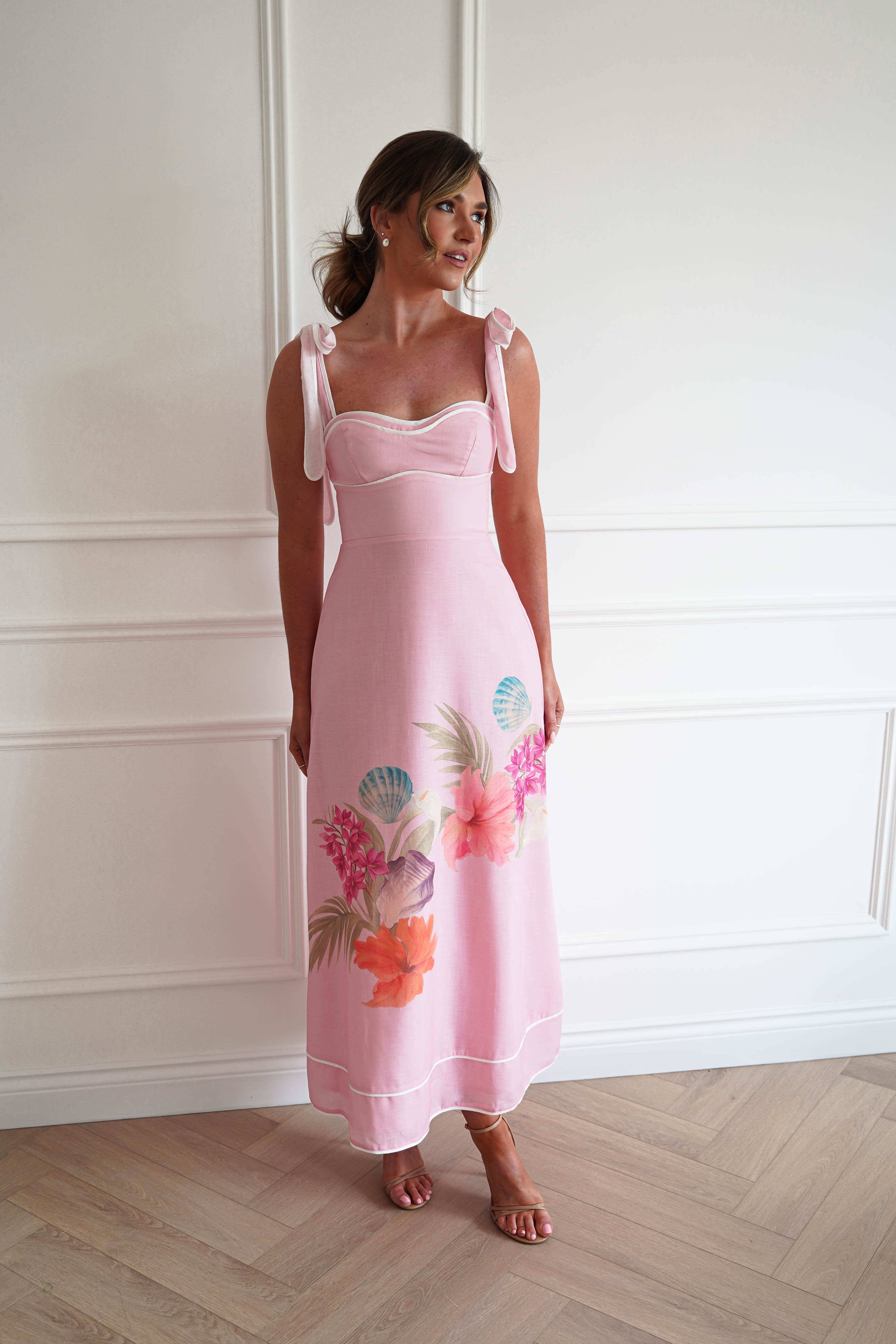 Oh Hello Clothing Women > Clothing > Dresses 1*DONE-INDIKAH- CM6630DB02- Pink Floral Tie Strap Midi Dress