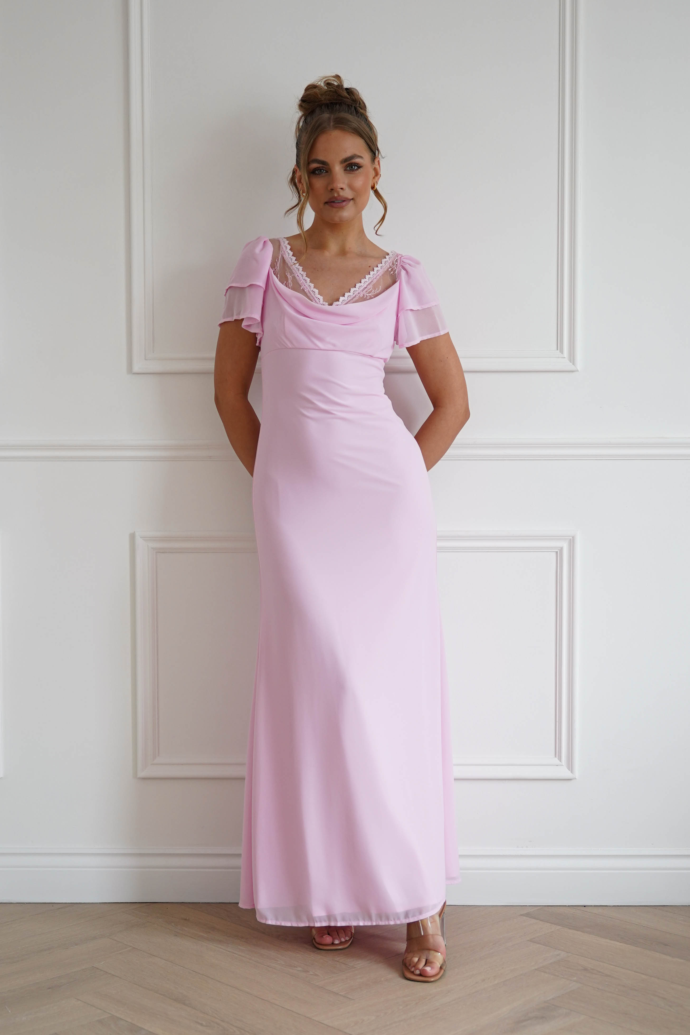Oh Hello Clothing Women > Clothing > Dresses 1*DONE- INDIKAH-CM6669W-Pink Flutter Sleeve Maxi Dress