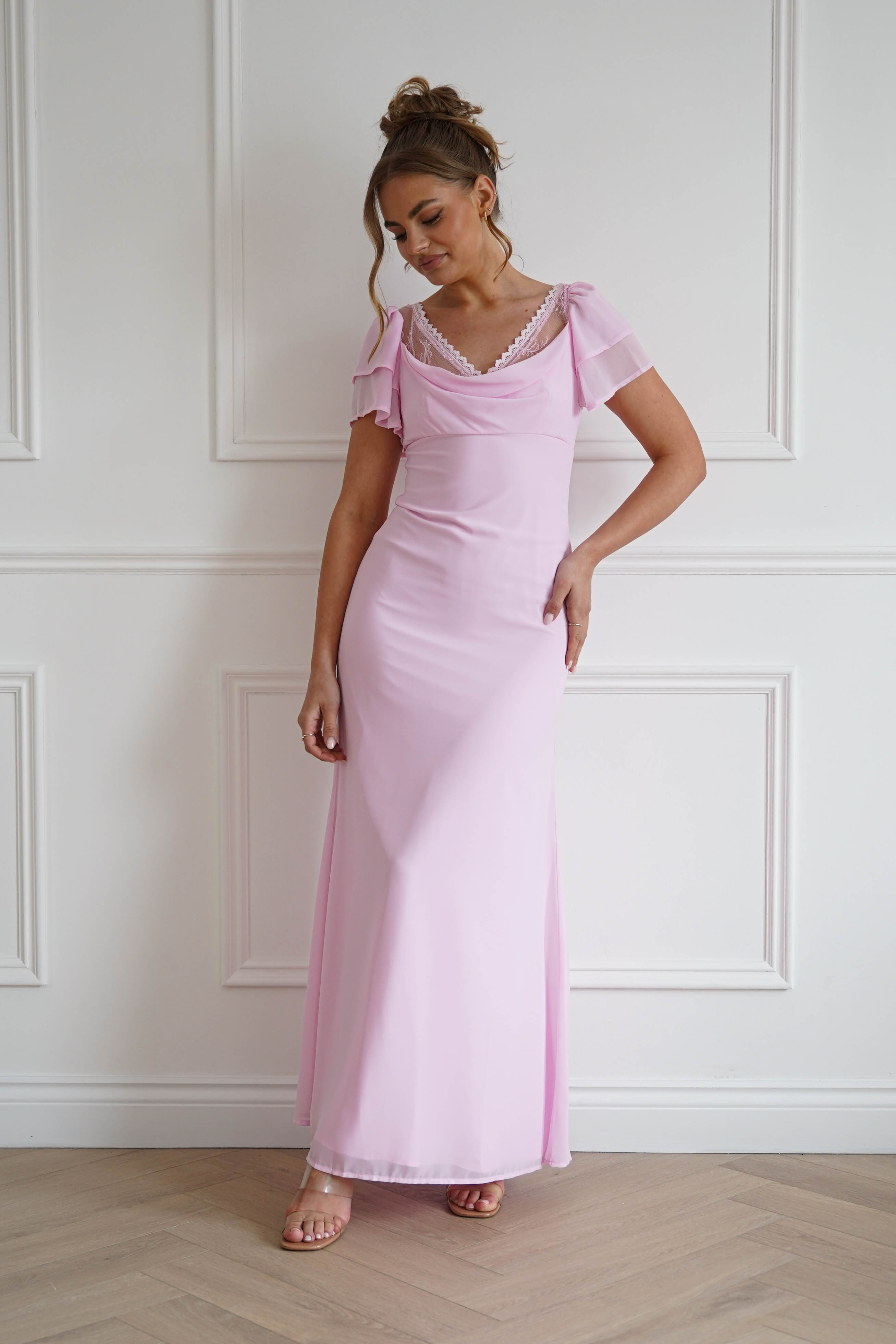 Oh Hello Clothing Women > Clothing > Dresses 1*DONE- INDIKAH-CM6669W-Pink Flutter Sleeve Maxi Dress