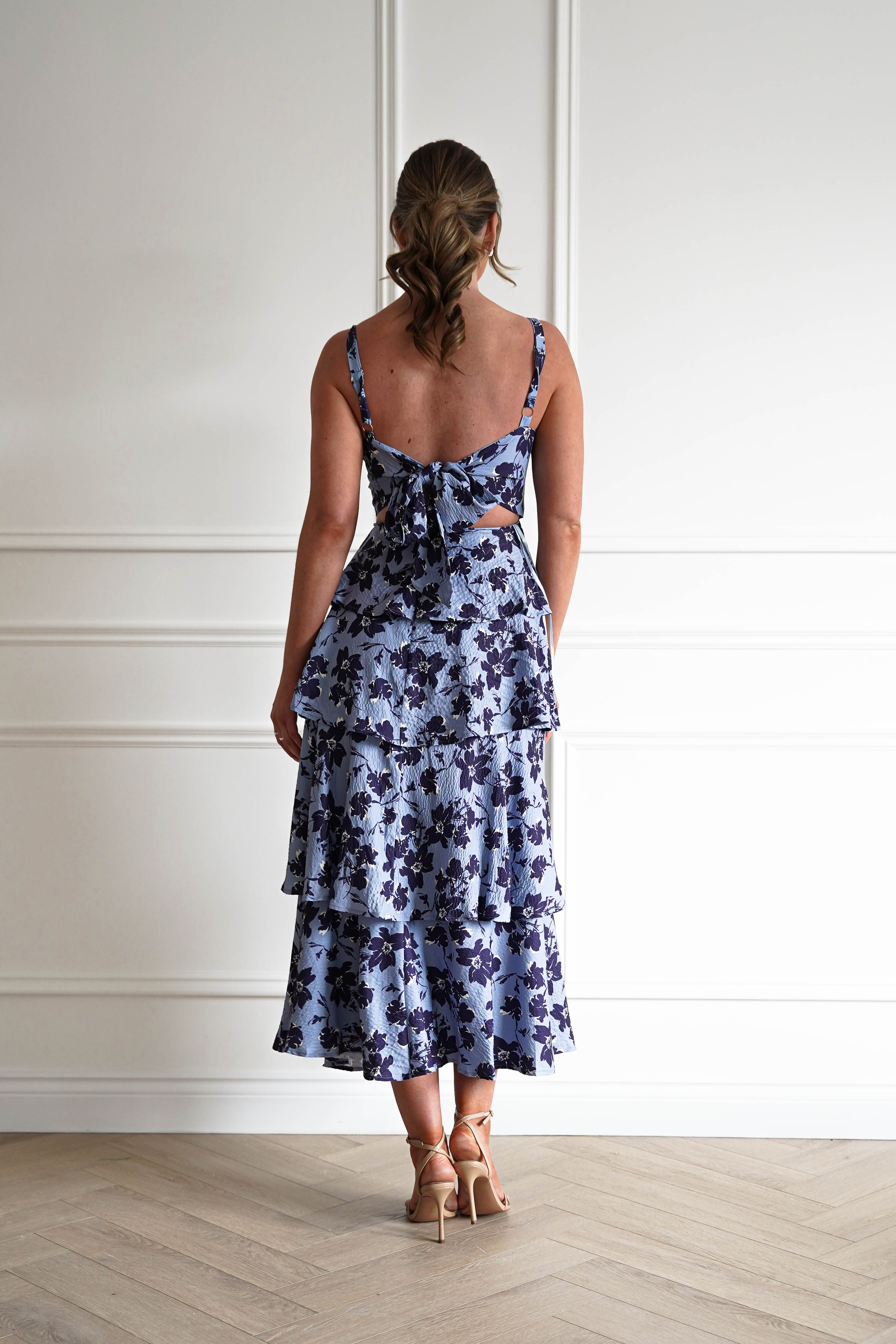 Oh Hello Clothing Women > Clothing > Dresses 1*DONE-INDIKAH-SR0841JK46- Blue Floral Tie Back Midi Dress
