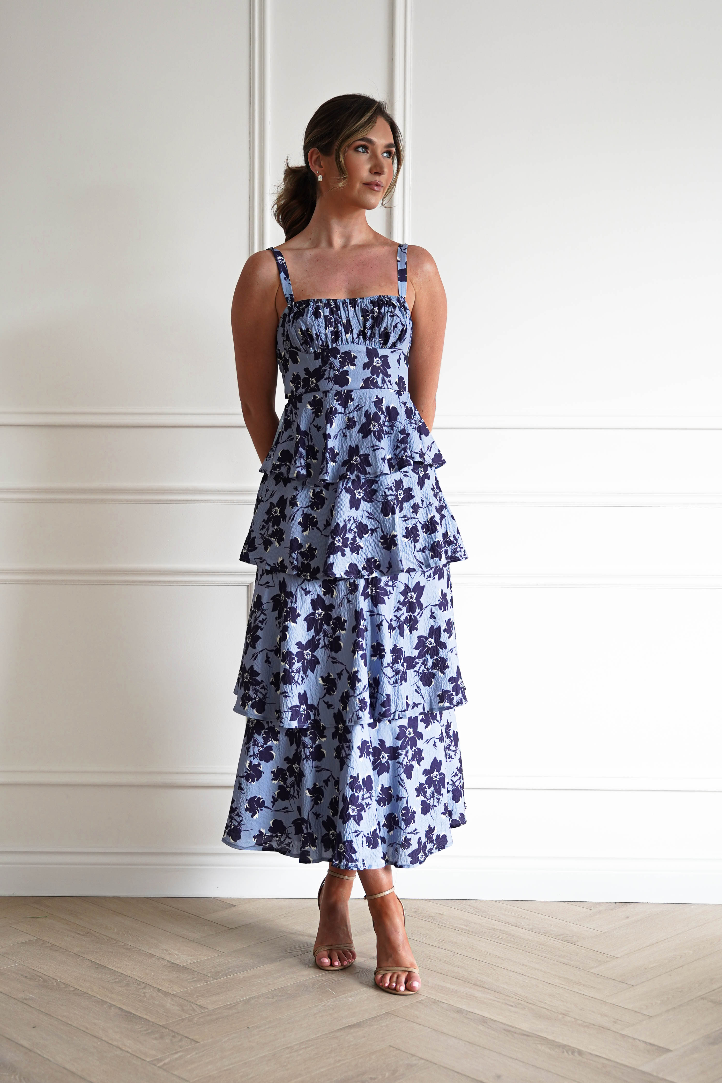 Oh Hello Clothing Women > Clothing > Dresses 1*DONE-INDIKAH-SR0841JK46- Blue Floral Tie Back Midi Dress