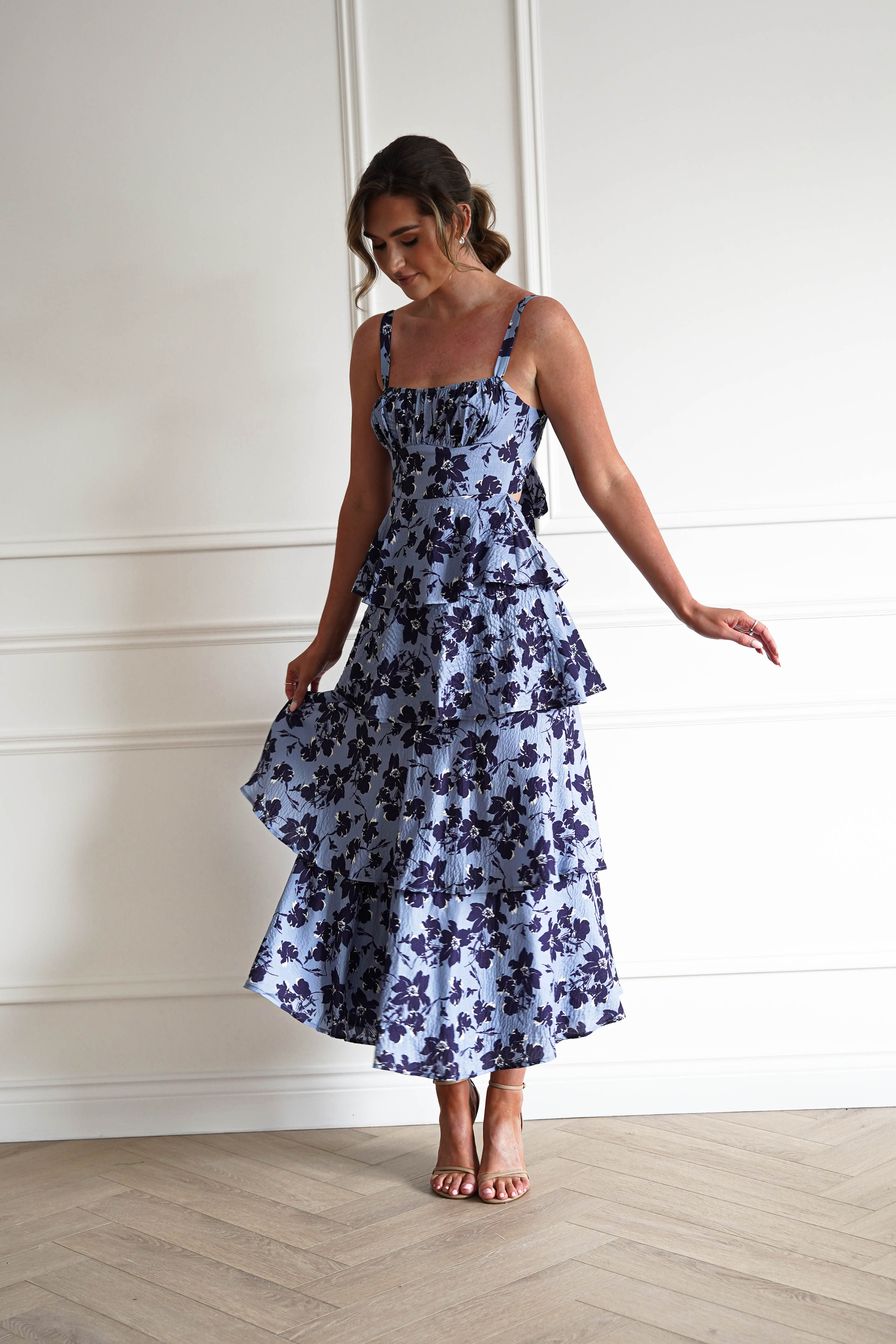 Oh Hello Clothing Women > Clothing > Dresses 1*DONE-INDIKAH-SR0841JK46- Blue Floral Tie Back Midi Dress