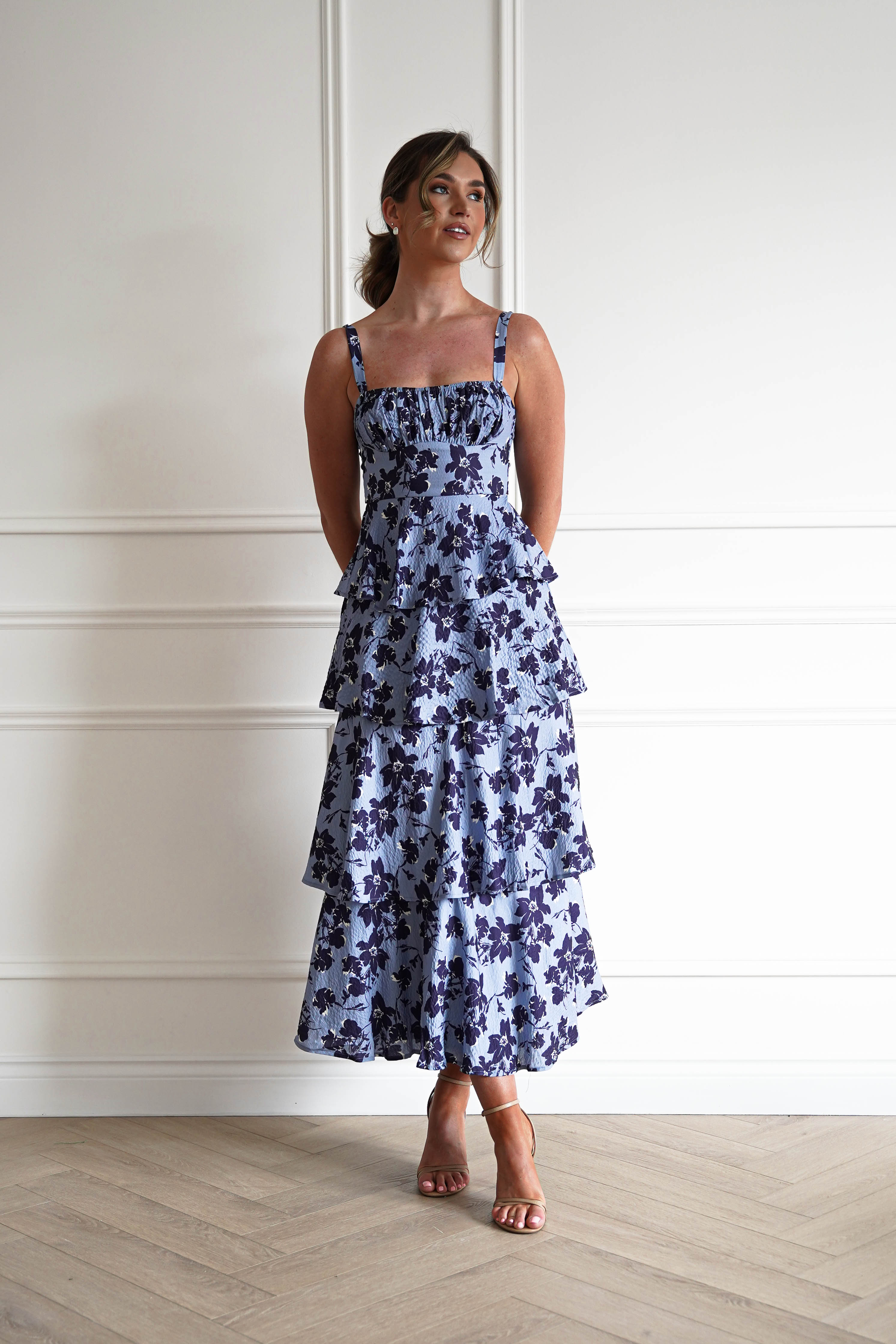 Oh Hello Clothing Women > Clothing > Dresses 1*DONE-INDIKAH-SR0841JK46- Blue Floral Tie Back Midi Dress