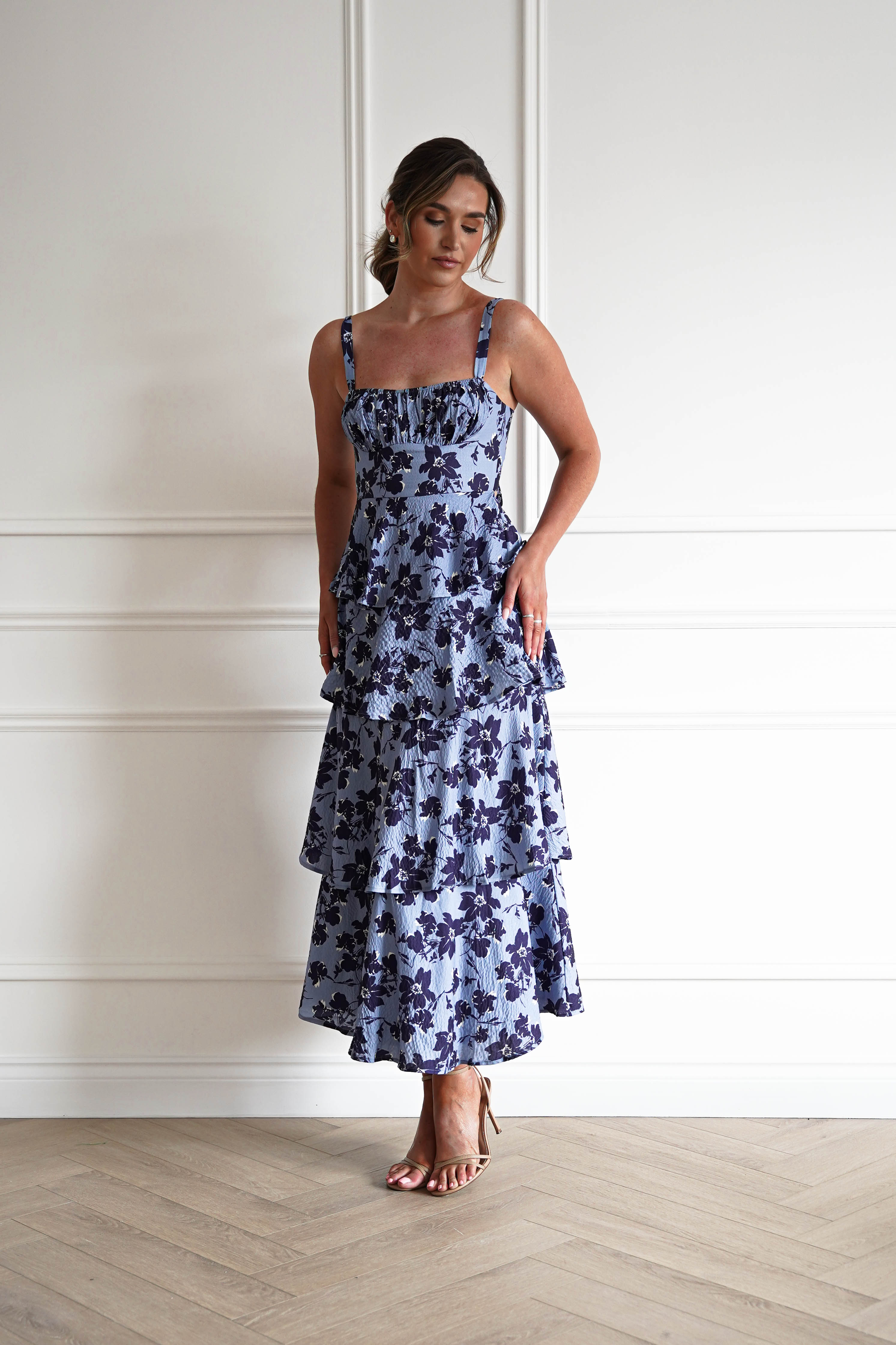 Oh Hello Clothing Women > Clothing > Dresses 1*DONE-INDIKAH-SR0841JK46- Blue Floral Tie Back Midi Dress