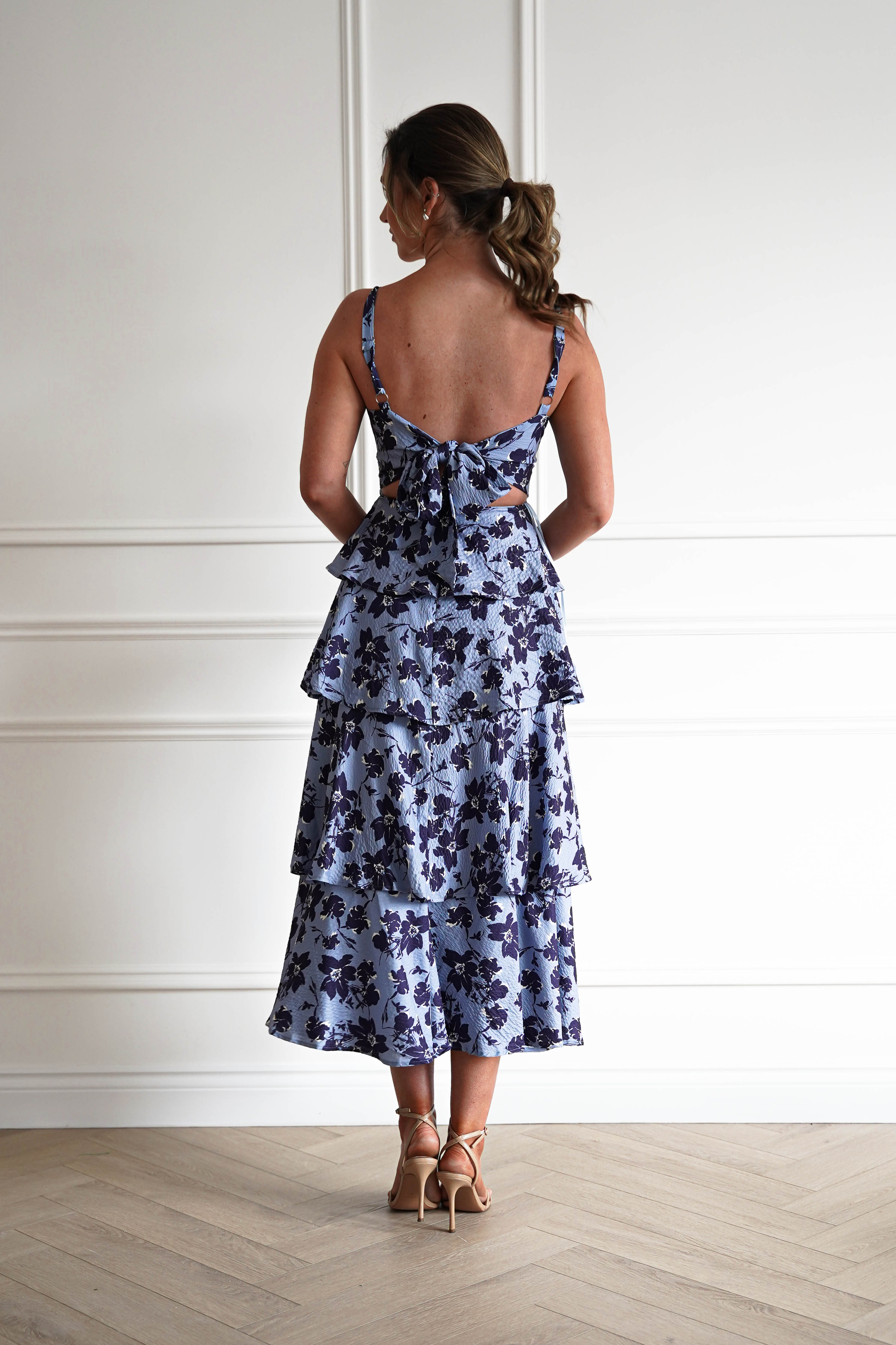 Oh Hello Clothing Women > Clothing > Dresses 1*DONE-INDIKAH-SR0841JK46- Blue Floral Tie Back Midi Dress