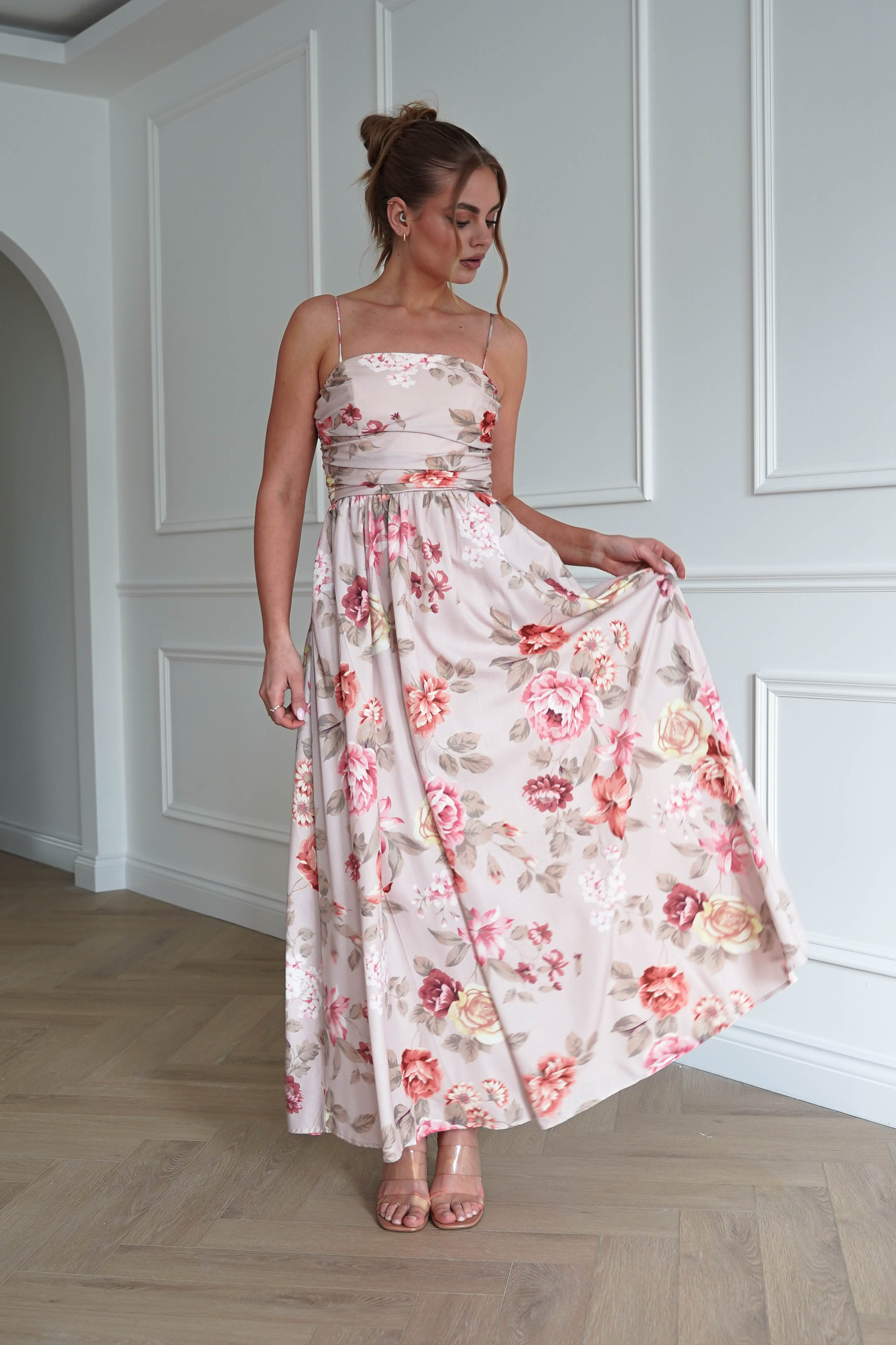 Oh Hello Clothing Dresses > Prom Dresses 1*DONE-INIDKAH-BR0498D- NUDE Floral Ruched Midi Dress