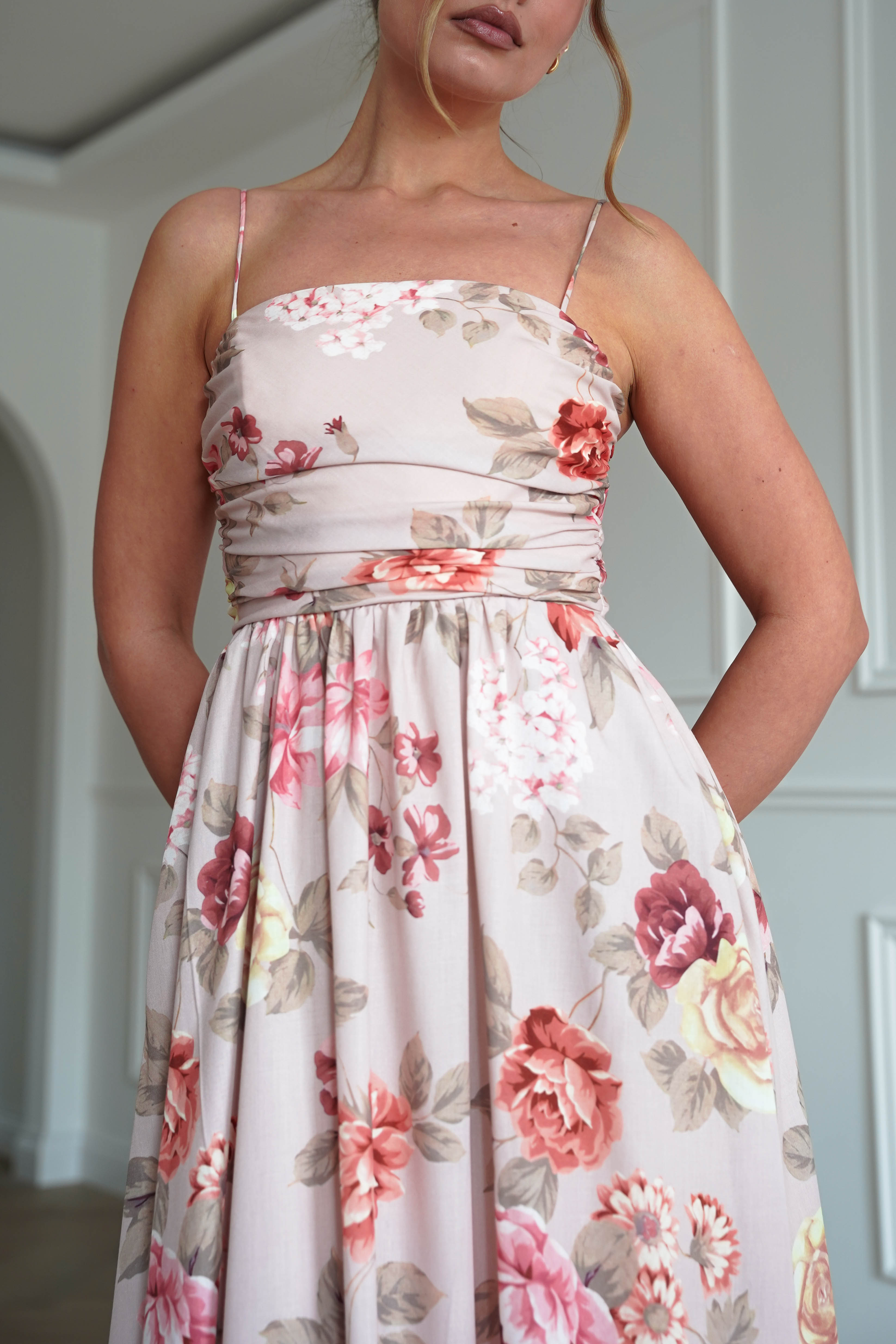 Oh Hello Clothing Dresses > Prom Dresses 1*DONE-INIDKAH-BR0498D- NUDE Floral Ruched Midi Dress