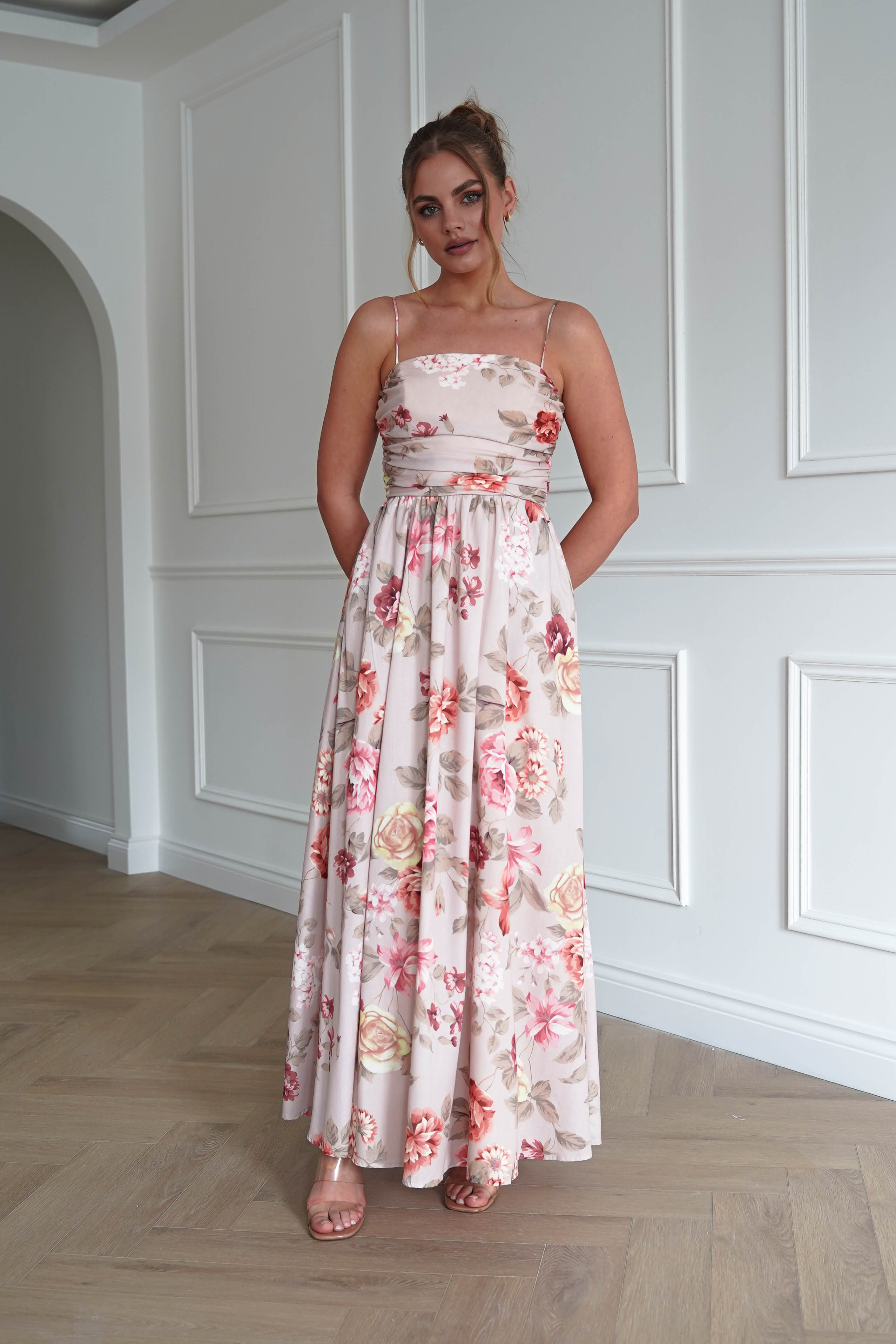 Oh Hello Clothing Dresses > Prom Dresses 1*DONE-INIDKAH-BR0498D- NUDE Floral Ruched Midi Dress