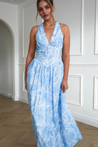 Oh Hello Clothing Dresses > Prom Dresses 1*DONE-INIKAH-ST5286JK03- Blue Floral Halterneck Midi Dress
