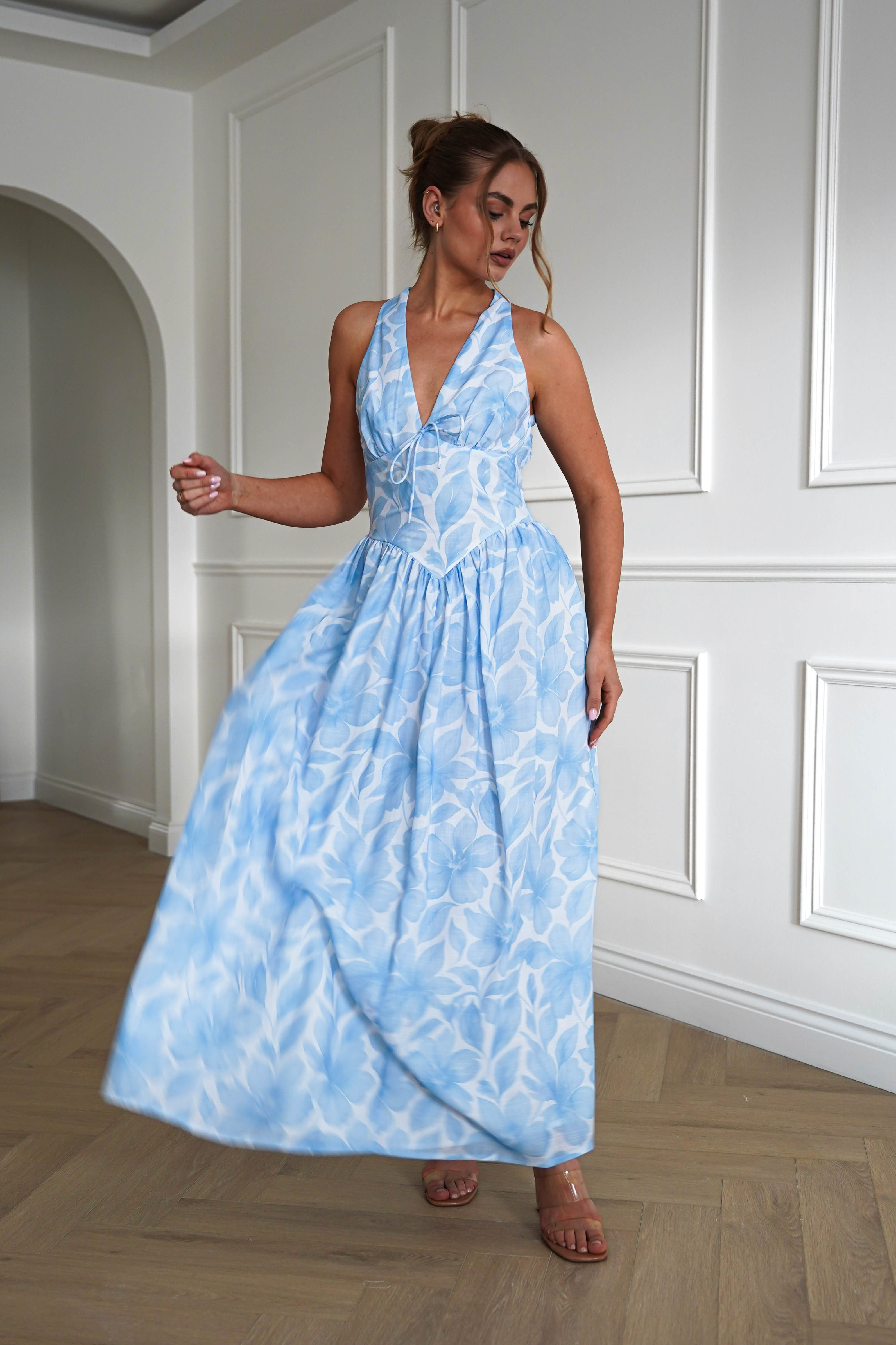 Oh Hello Clothing Dresses > Prom Dresses 1*DONE-INIKAH-ST5286JK03- Blue Floral Halterneck Midi Dress