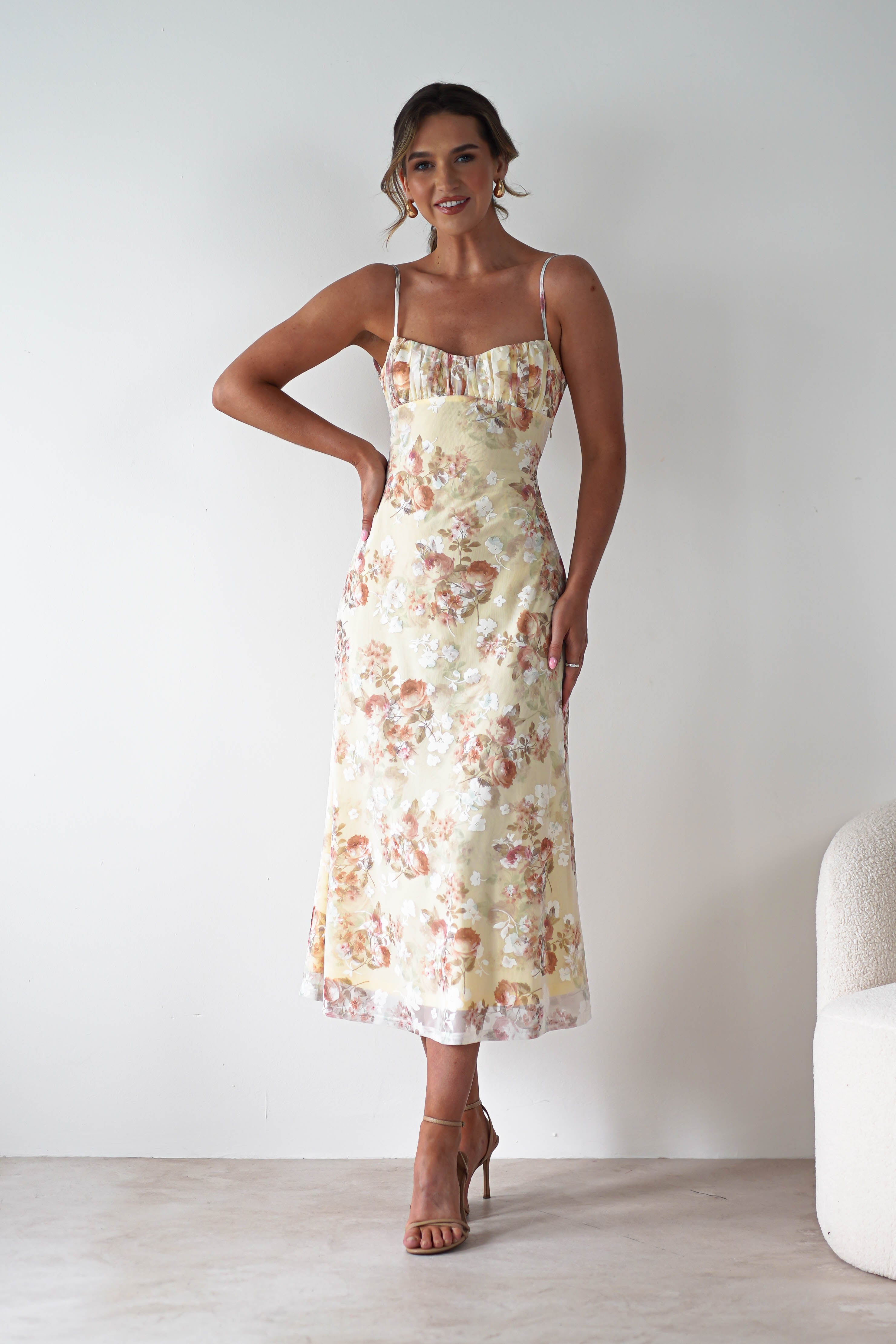 Annabelle Floral Print Midaxi Dress Yellow | Wedding Guest Dress | Oh Hello Clothing