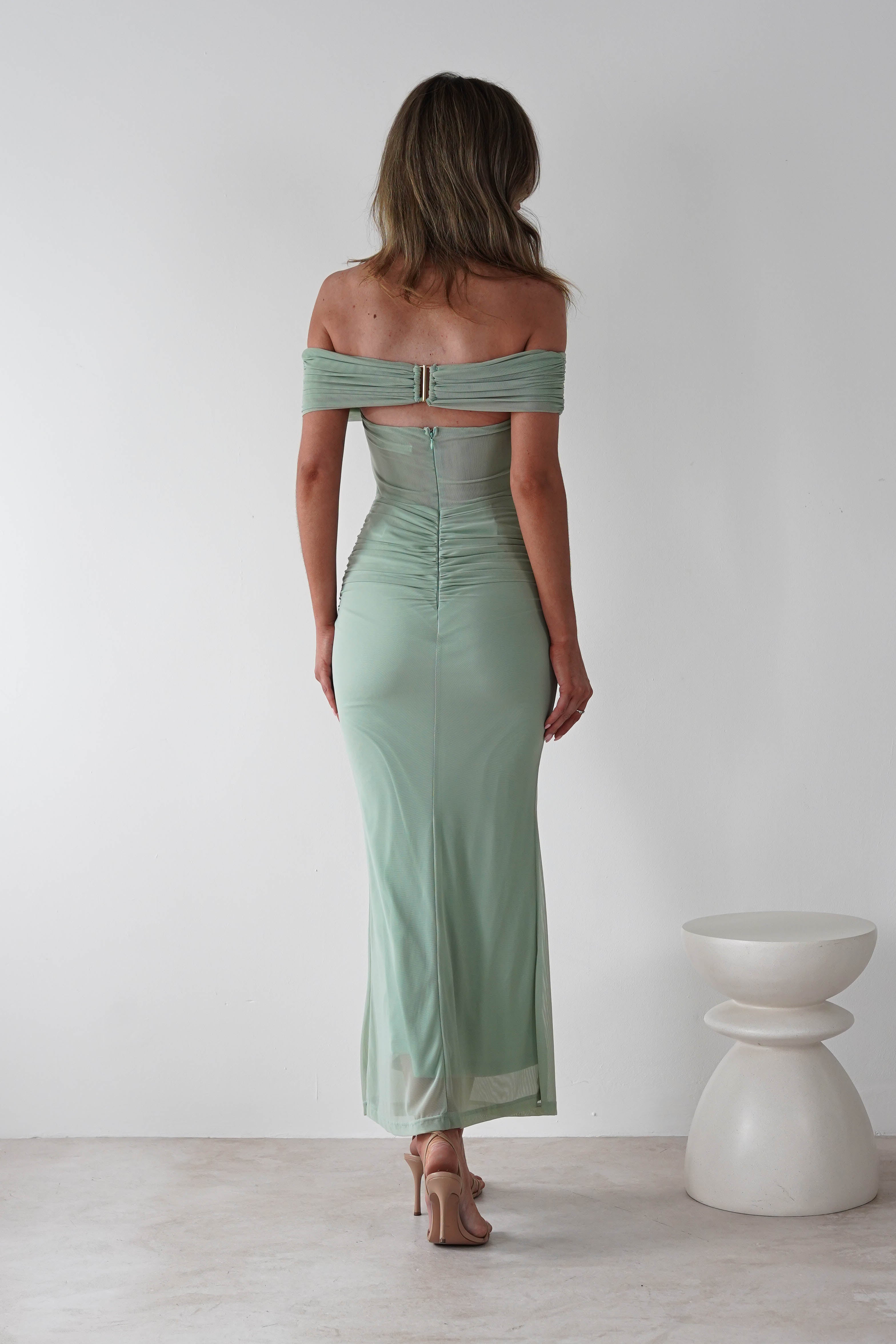 Shari Off The Shoulder Mesh Maxi Sage | Wedding Guest Dress | Off Shoulder | Maxi | Oh Hello Clothing