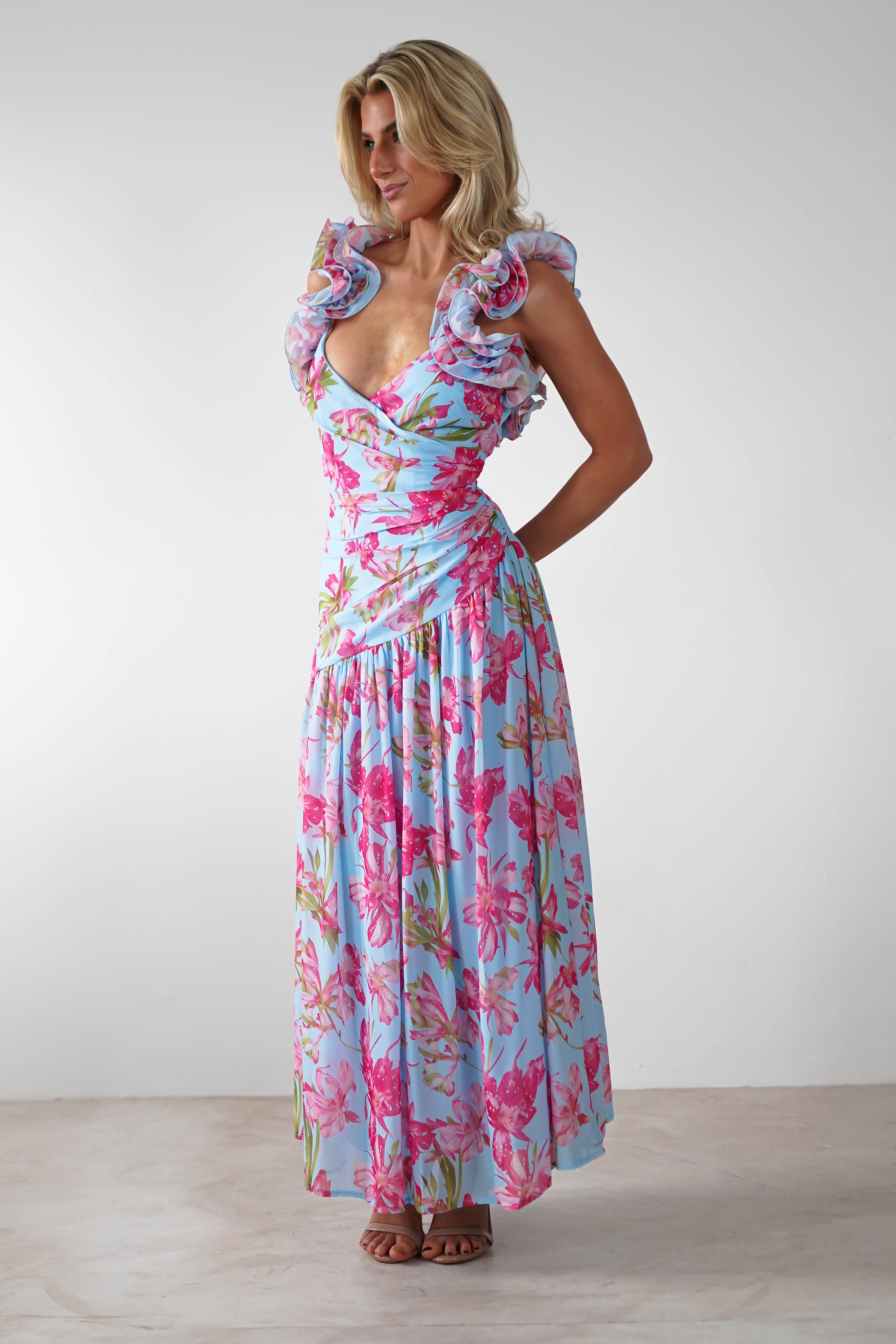 Karmen Ruffle Floral Midaxi Dress Blue/Pink | Wedding Guest Dress | Oh Hello Clothing