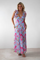 Karmen Ruffle Floral Midaxi Dress Blue/Pink | Wedding Guest Dress | Oh Hello Clothing