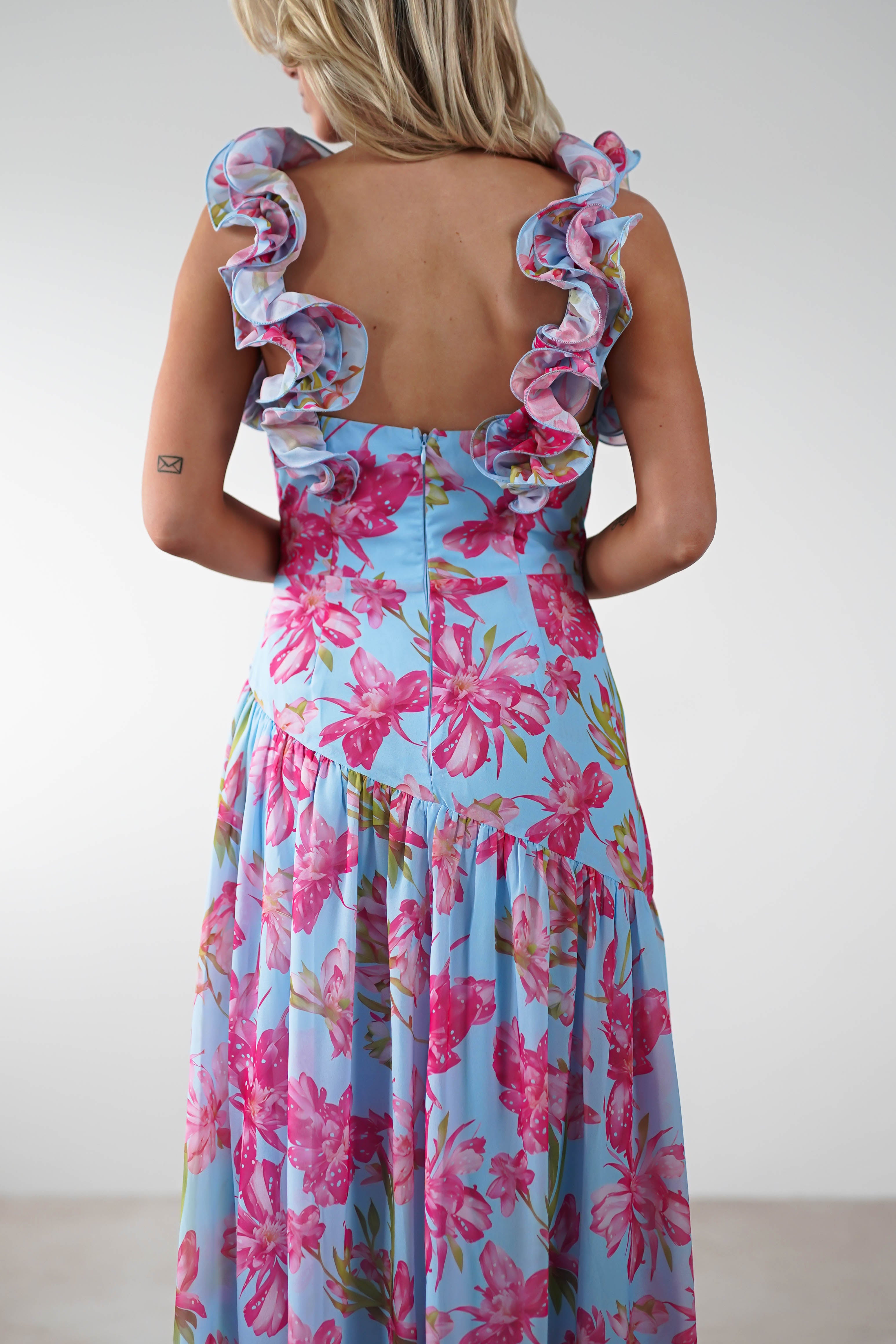 Karmen Ruffle Floral Midaxi Dress Blue/Pink | Wedding Guest Dress | Oh Hello Clothing