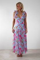 Karmen Ruffle Floral Midaxi Dress Blue/Pink | Wedding Guest Dress | Oh Hello Clothing