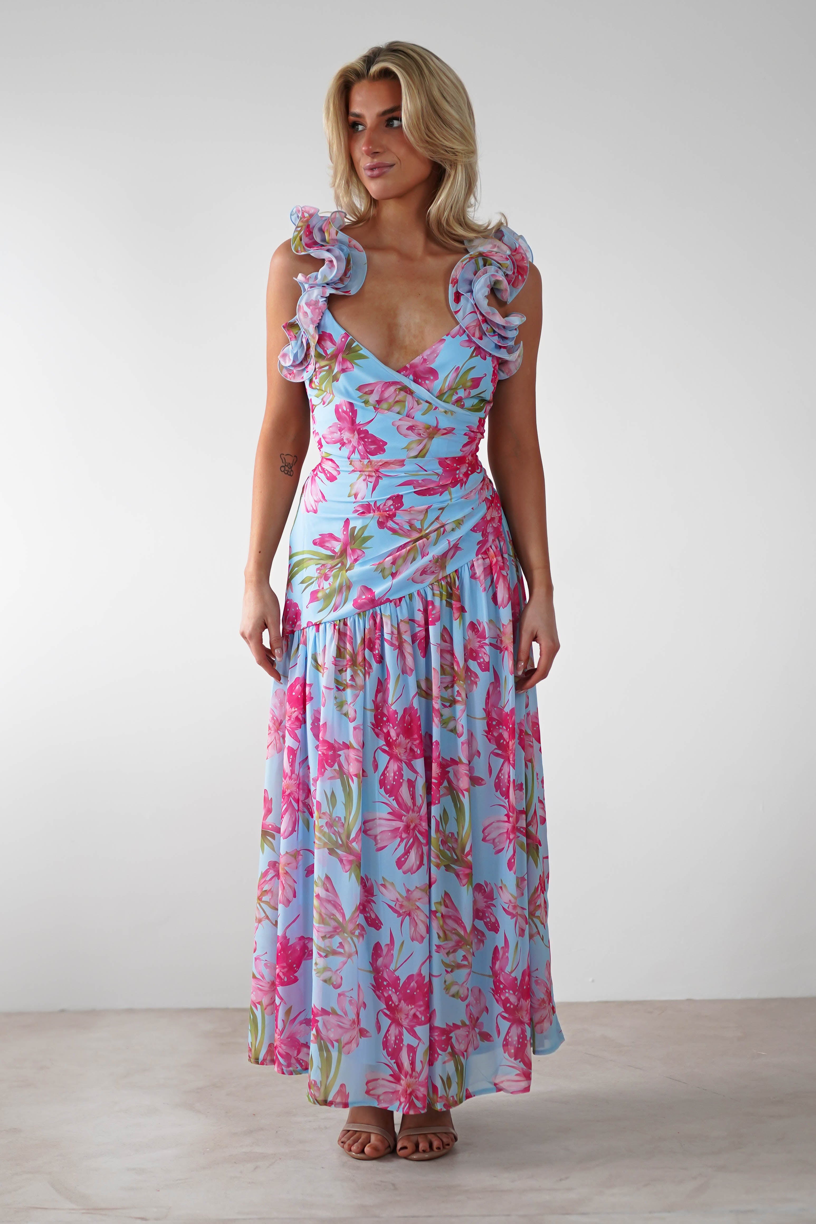 Karmen Ruffle Floral Midaxi Dress Blue/Pink | Wedding Guest Dress | Oh Hello Clothing