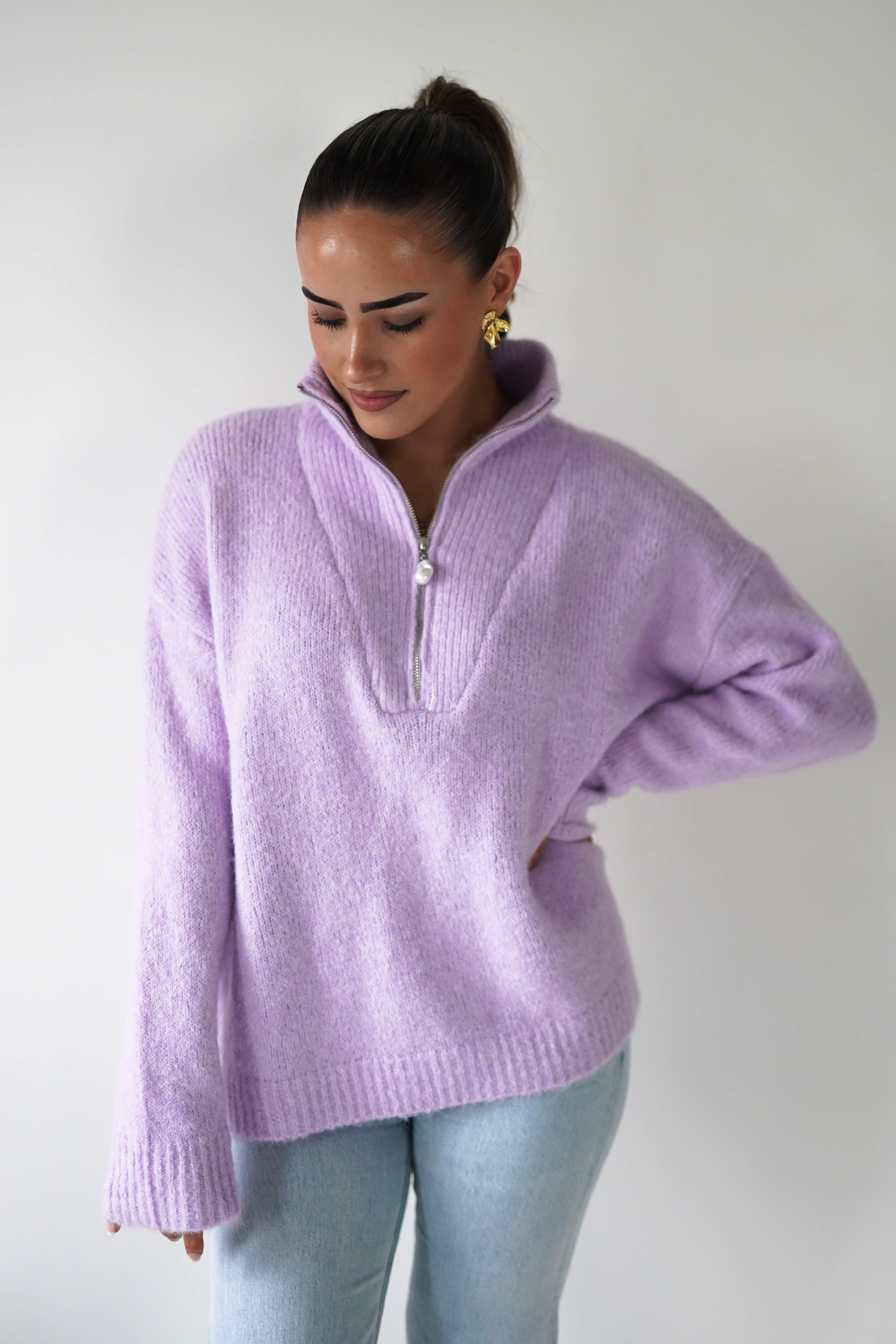 Oh Hello Clothing Women > Clothing > Knitwear ONE SIZE (6/12) 1*DONE- KILKY-Zip Neck Knit Jumper – Lilac-yp1277
