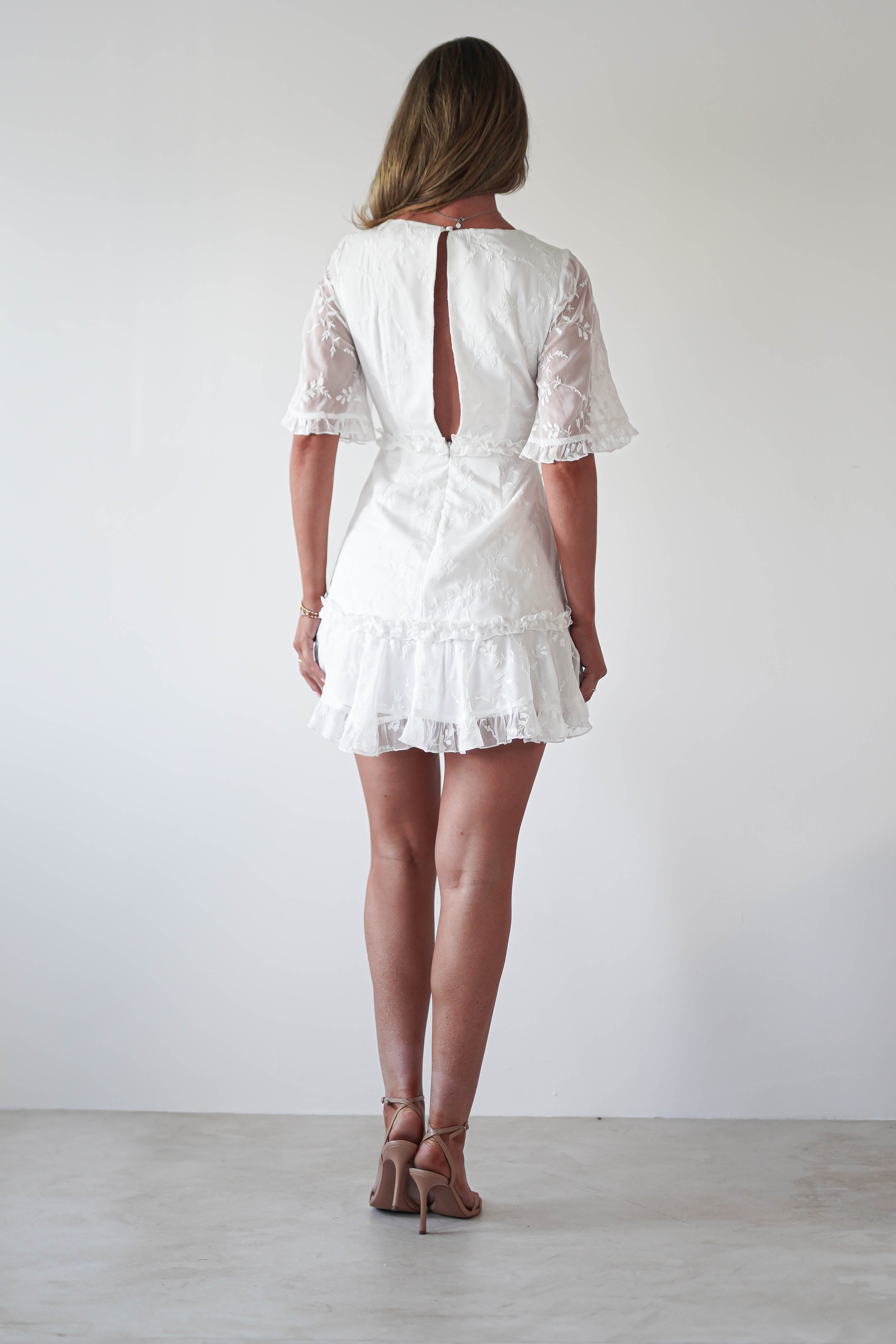 Amélie Boho Lace Detail Mini Dress | White | Graduation | Bride To Be Hen Dress | Oh Hello Clothing