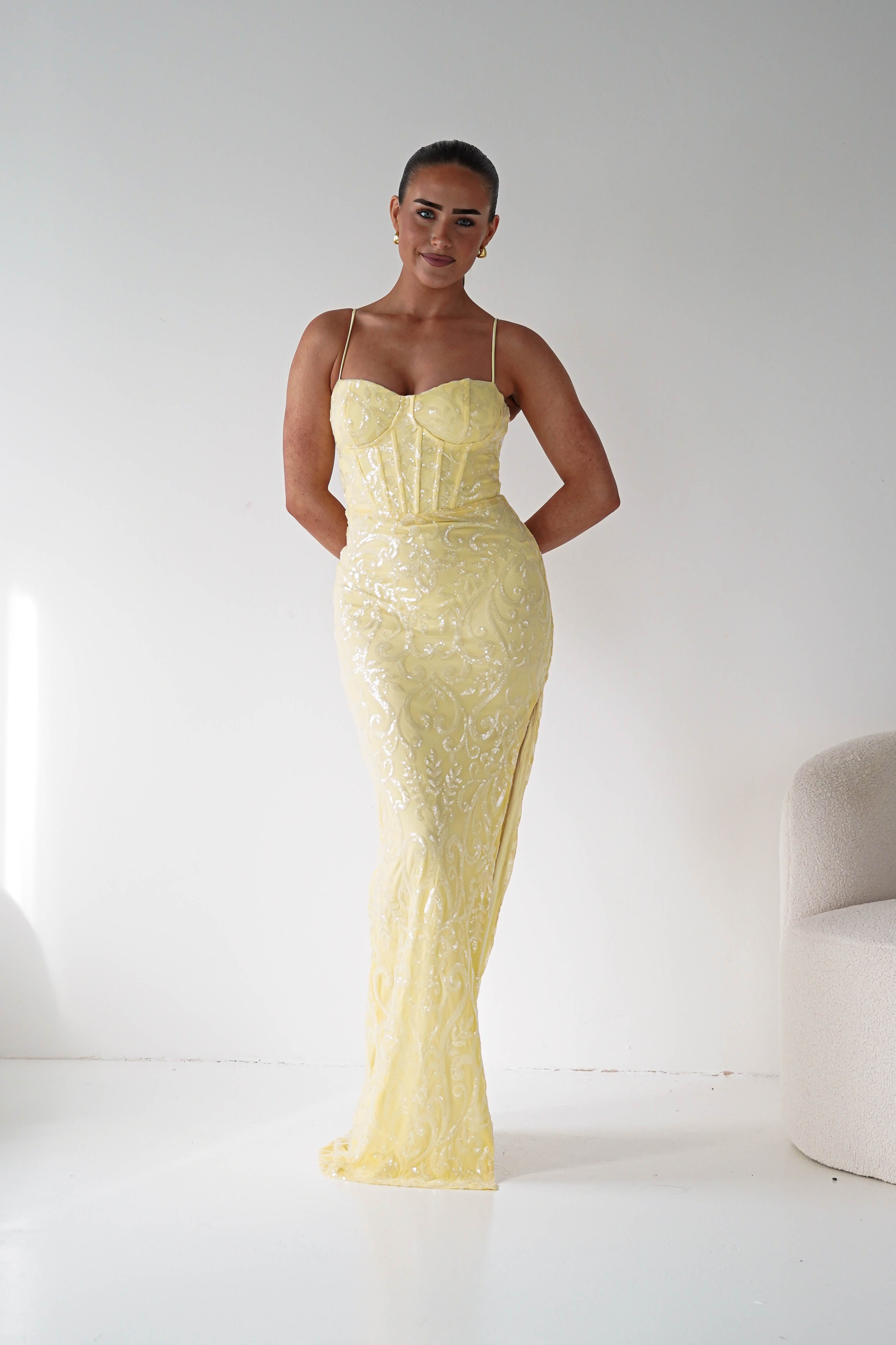 Oh Hello Clothing Women > Clothing > Dresses 1*DONE -LOVESOME- CD30508-YELLOW SEQUIN GOWN