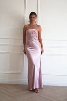 Oh Hello Clothing Women > Clothing > Dresses 1*DONE - MANIJU-MM24562-PINK Floral Appliqué Satin Maxi Dress