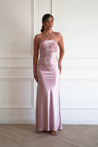 Oh Hello Clothing Women > Clothing > Dresses 1*DONE - MANIJU-MM24562-PINK Floral Appliqué Satin Maxi Dress