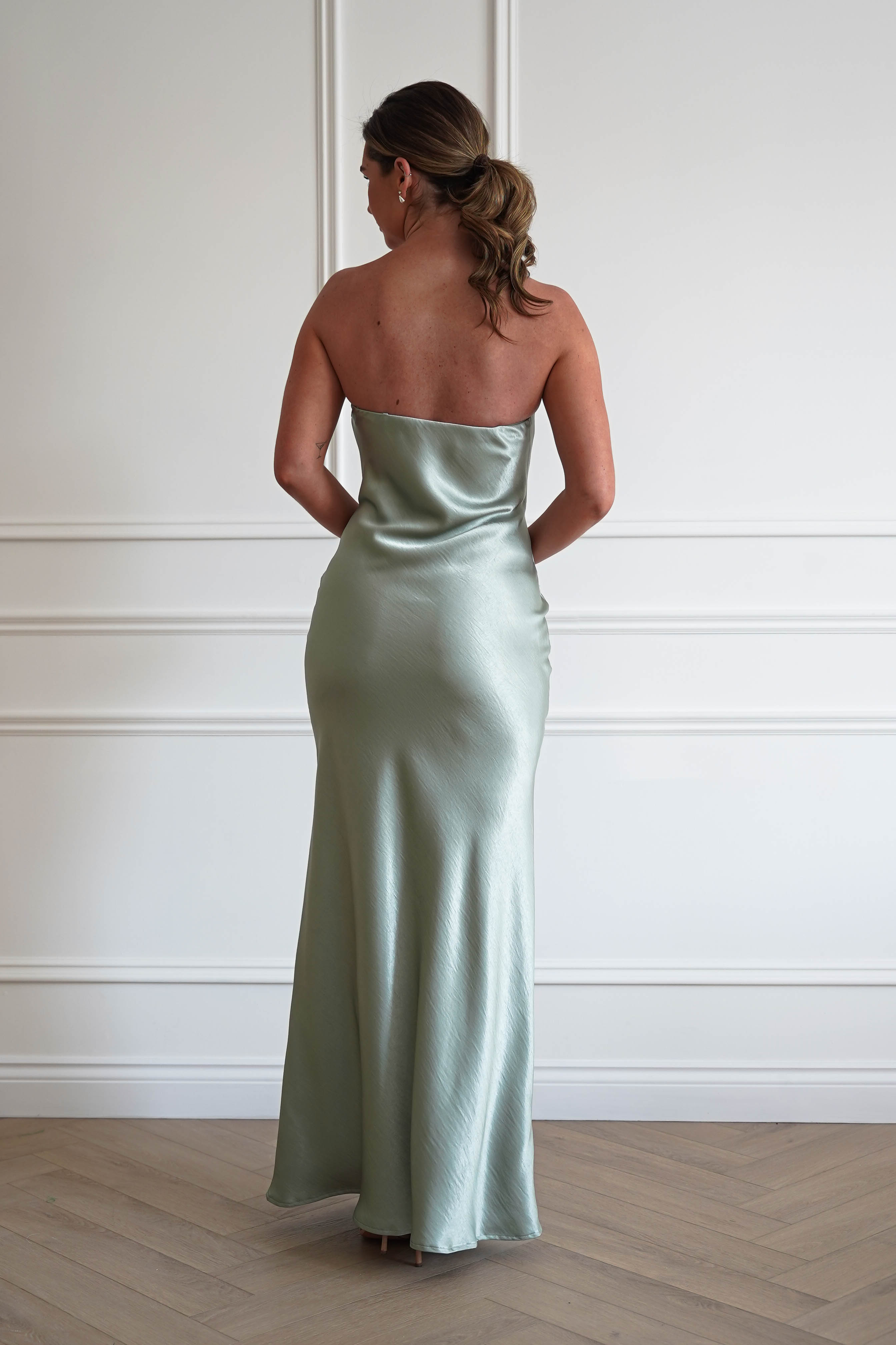 Oh Hello Clothing Women > Clothing > Dresses 1*DONE - MANIJU-MM24562-SAGE Floral Appliqué Satin Maxi Dress