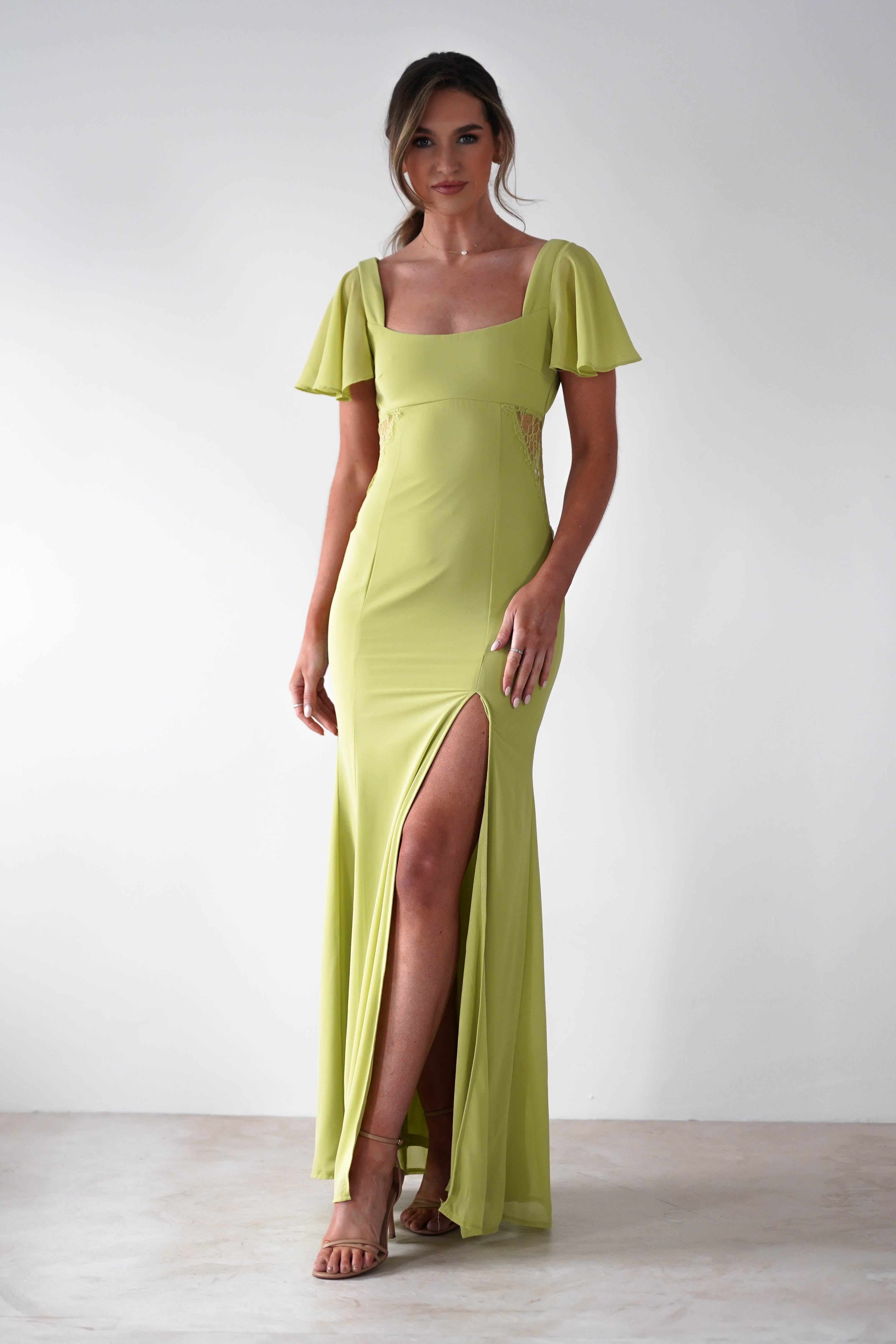 Preston Flutter Sleeve Maxi Dress Lime Green | Wedding Guest Dress | Maxi | Oh Hello Clothing
