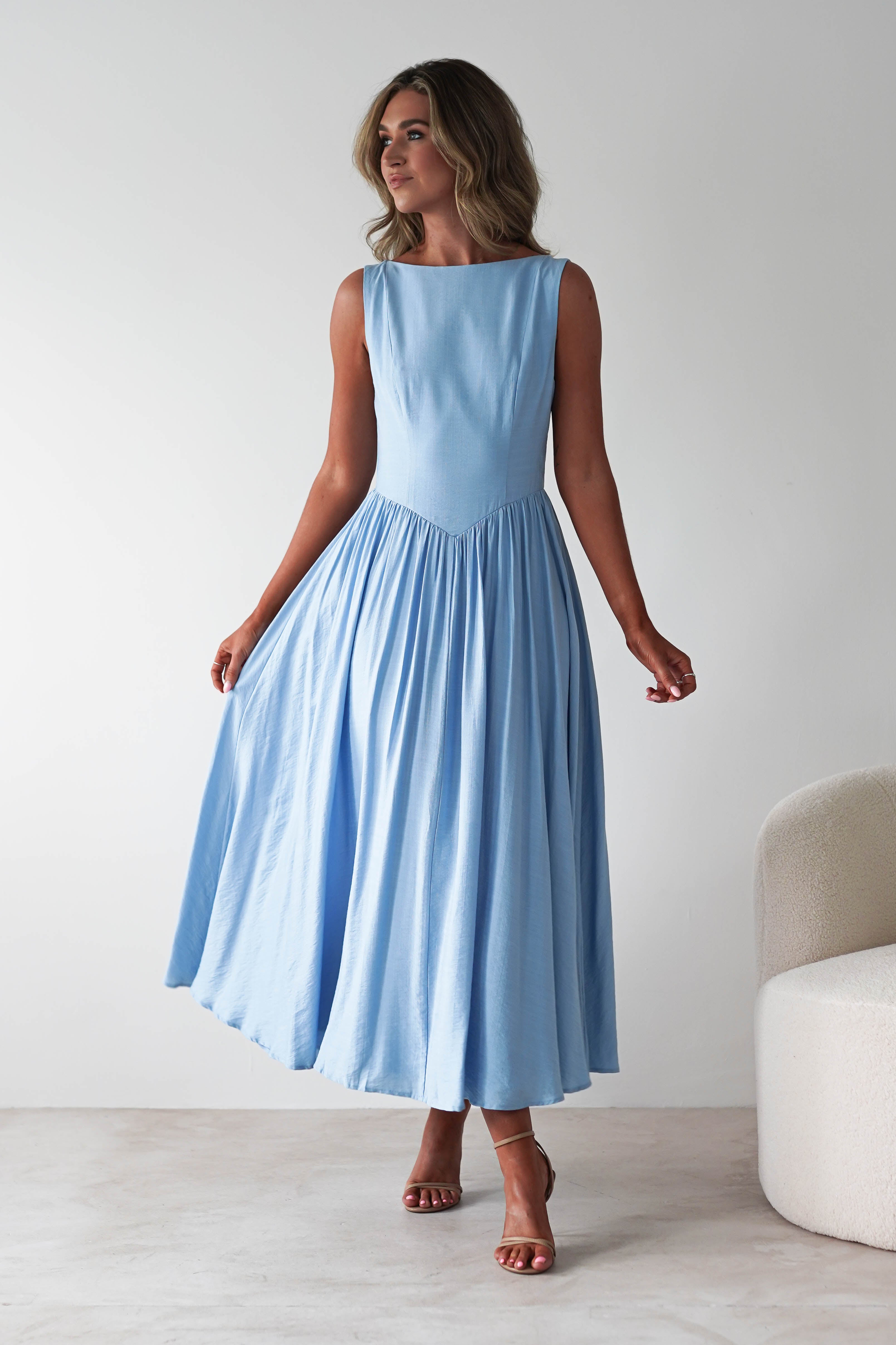 Monroe Skater Midaxi Dress Blue | Wedding Guest Dress | Skater | Oh Hello Clothing