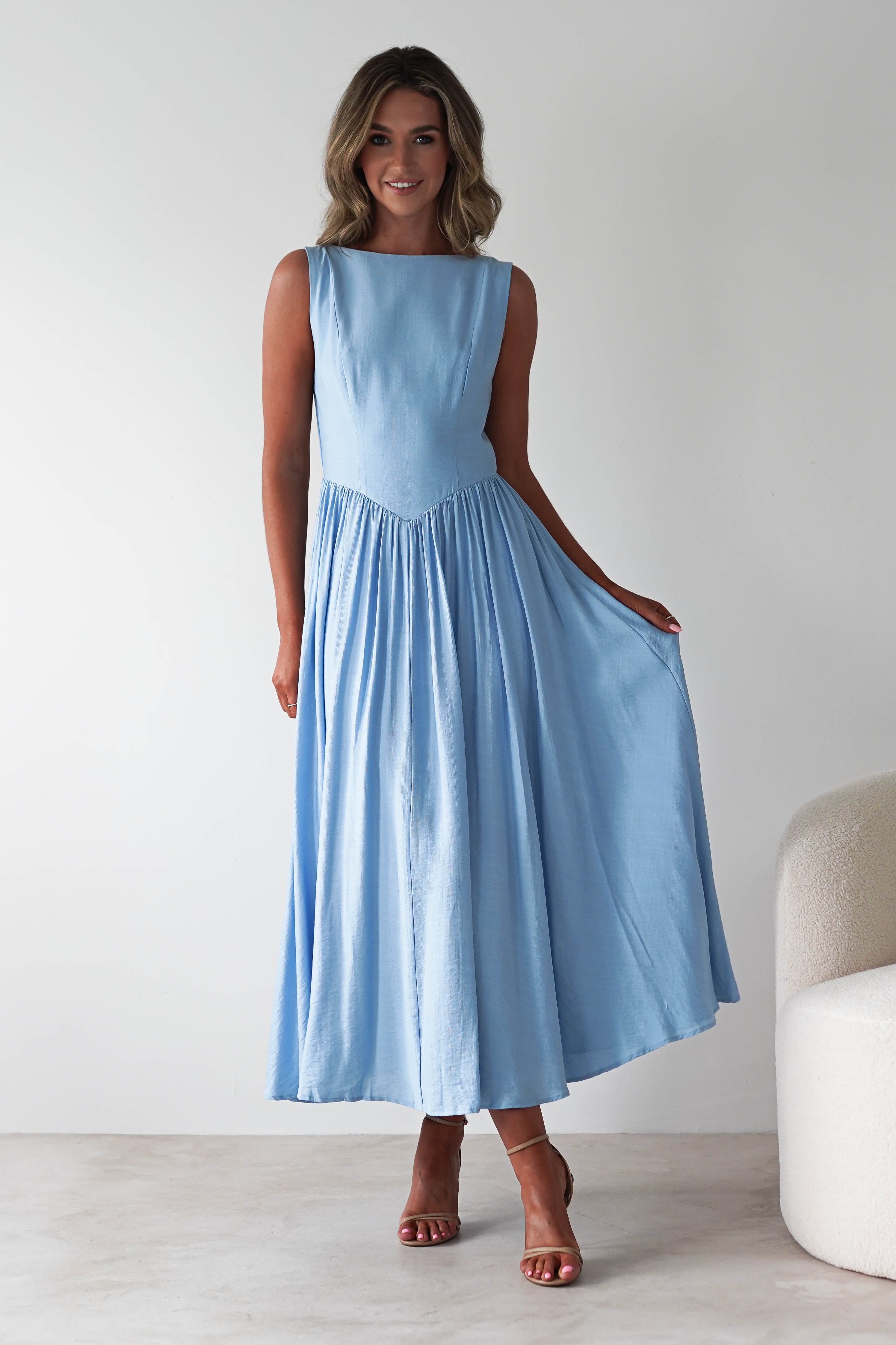 Monroe Skater Midaxi Dress Blue | Wedding Guest Dress | Skater | Oh Hello Clothing