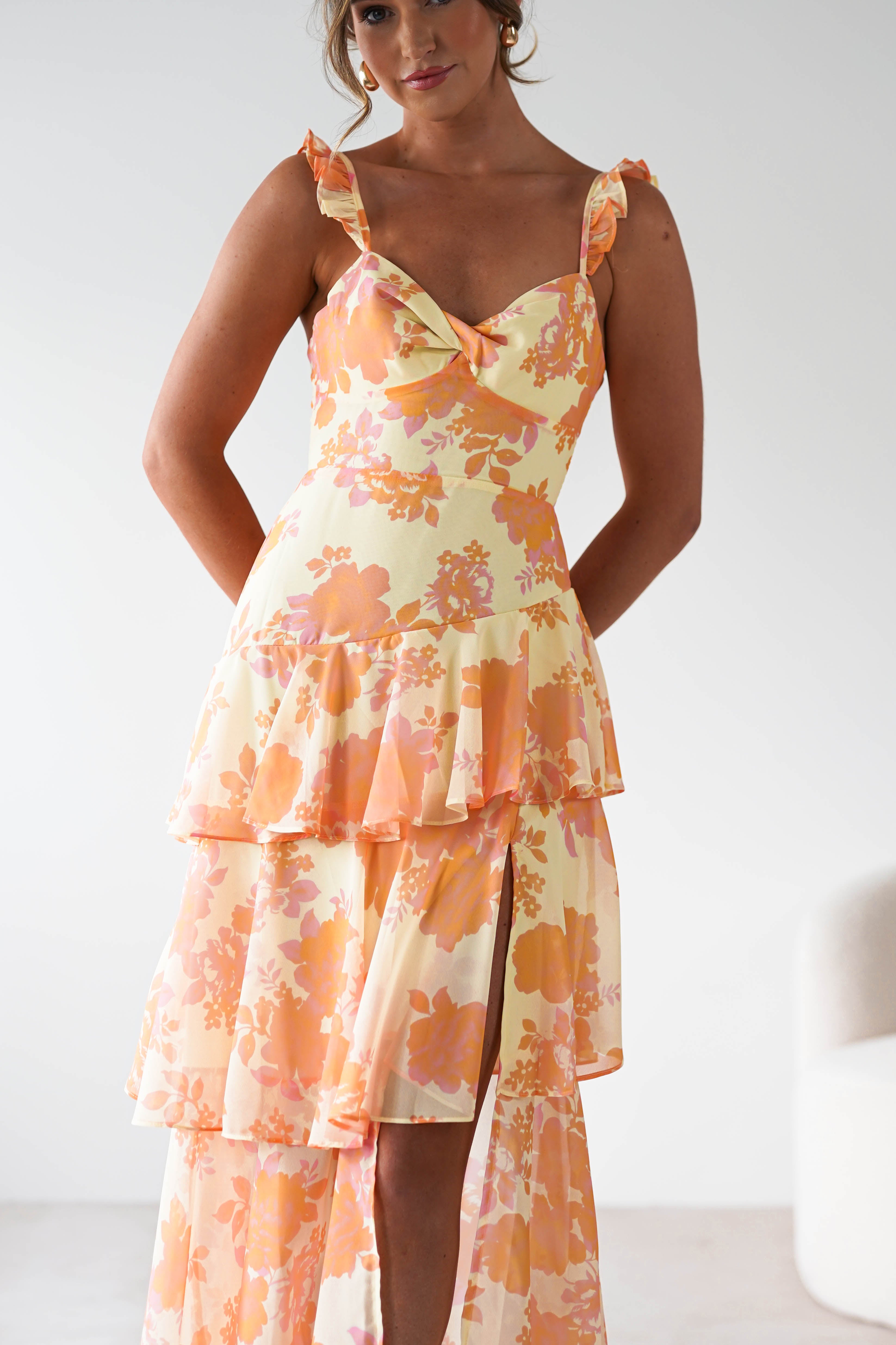 Allie Ruffle Floral Maxi Dress Yellow/Peach | Wedding Guest Dress | Maxi | Oh Hello Clothing