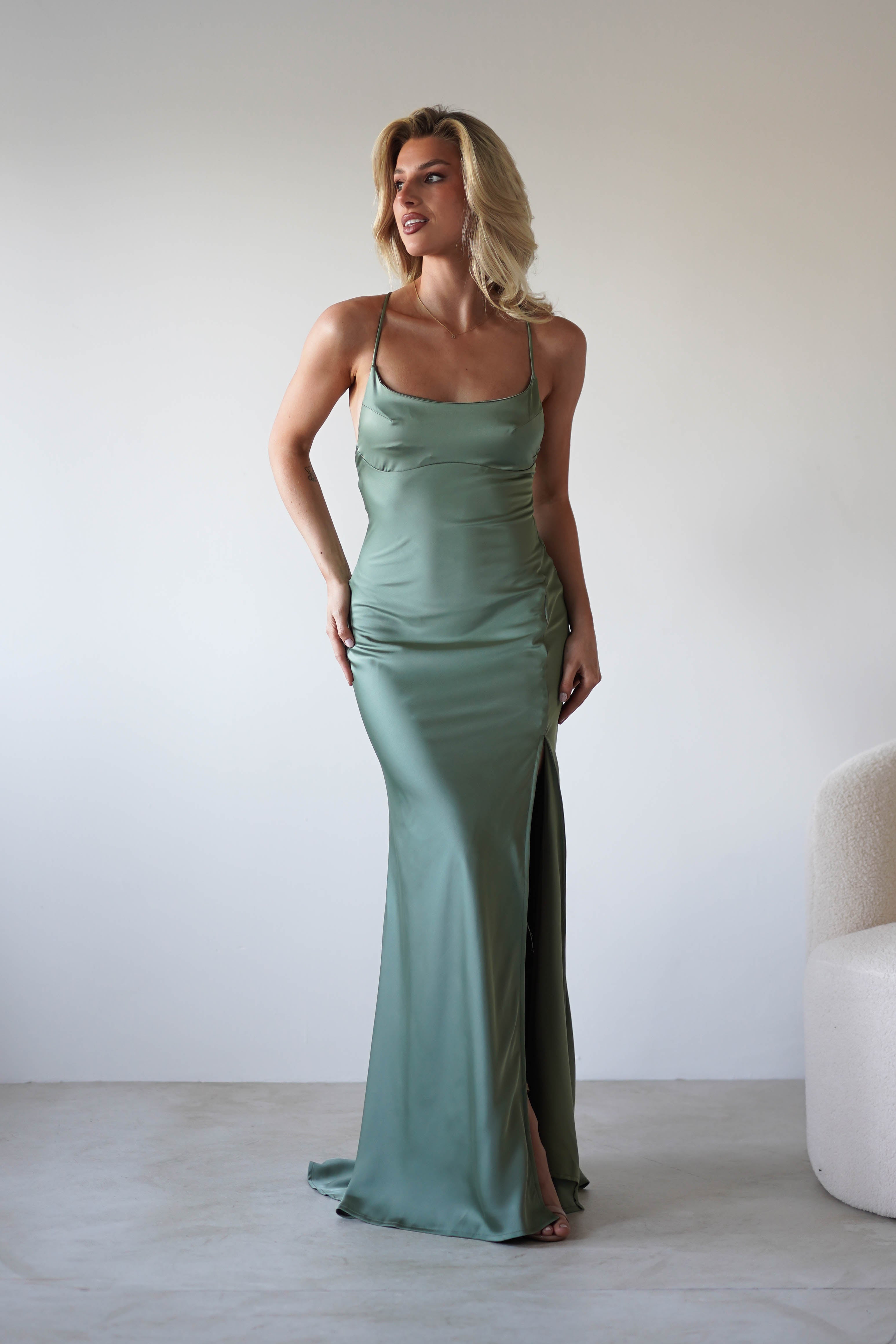 Elsa Matte Satin Maxi Gown | Olive | Debs & Prom | Formal Gown | Oh Hello Clothing
