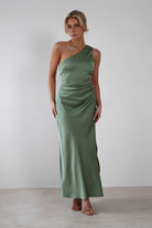 Meera Soft Matte Satin Midaxi Dress Olive | Wedding Guest Dress | Satin | Oh Hello Clothing