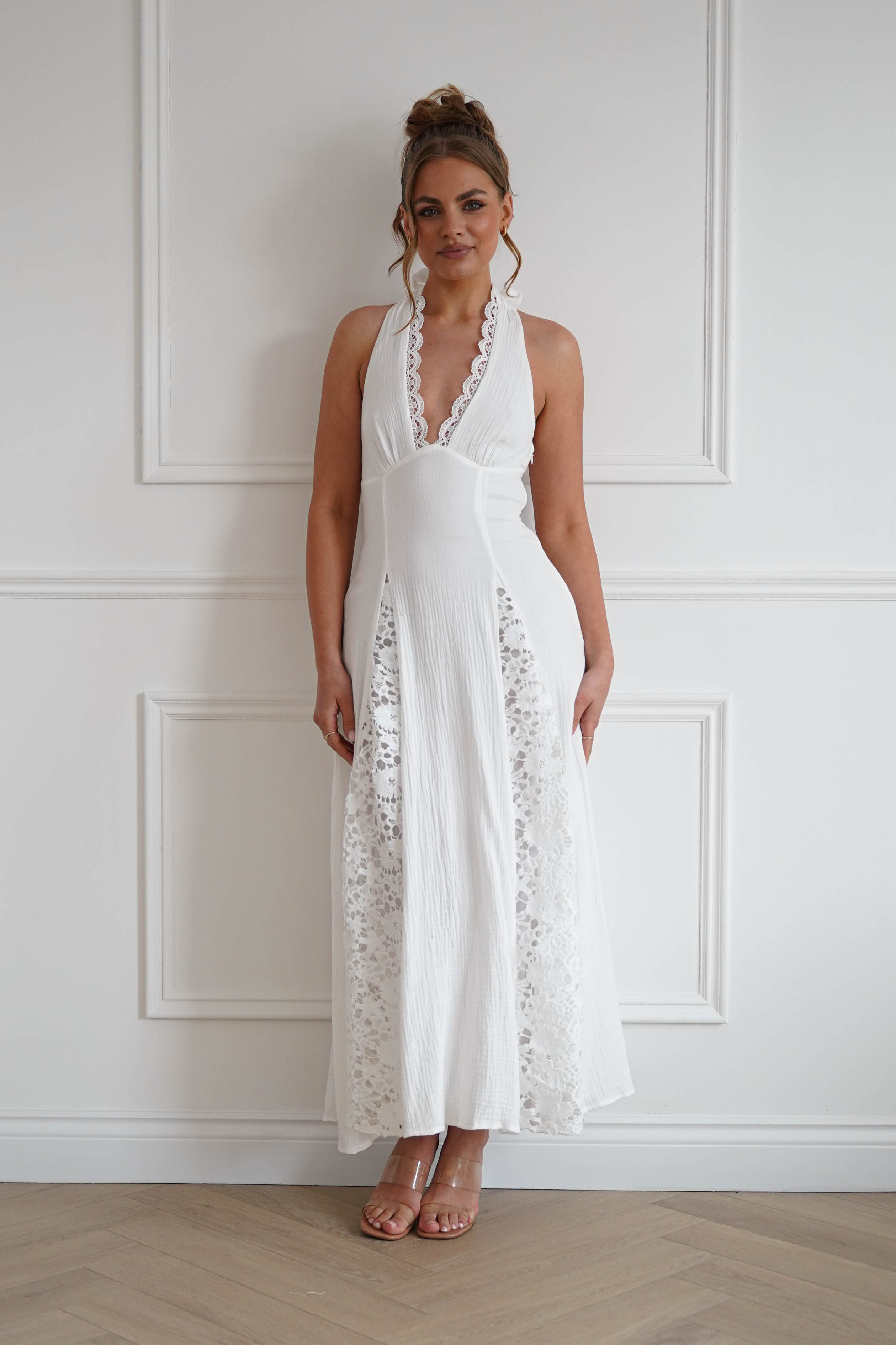 Oh Hello Clothing Dresses > Prom Dresses 1*DONE-RT0035D-INDIKAH-White Lace Trim Tie-Back Midi Dress