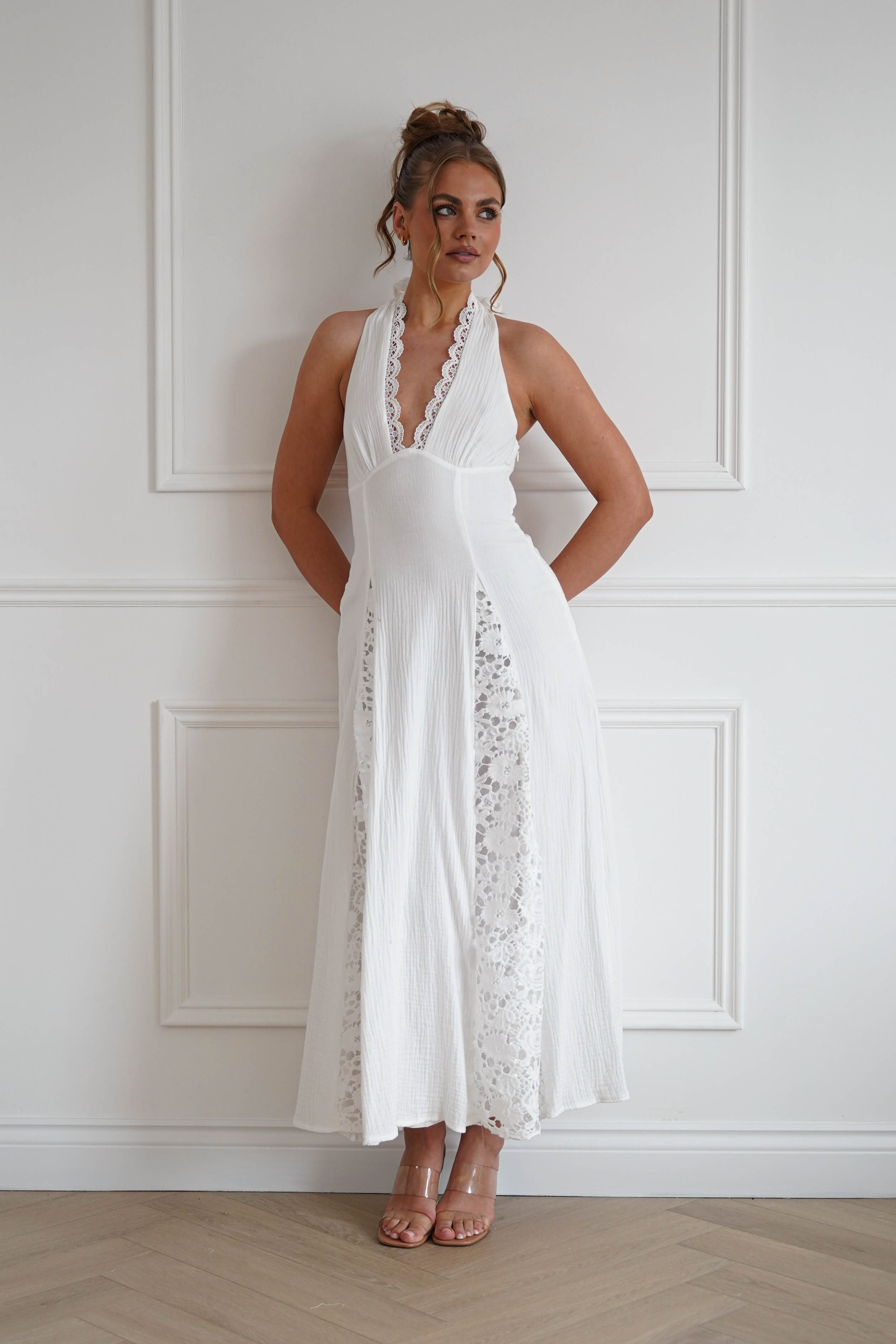 Oh Hello Clothing Dresses > Prom Dresses 1*DONE-RT0035D-INDIKAH-White Lace Trim Tie-Back Midi Dress