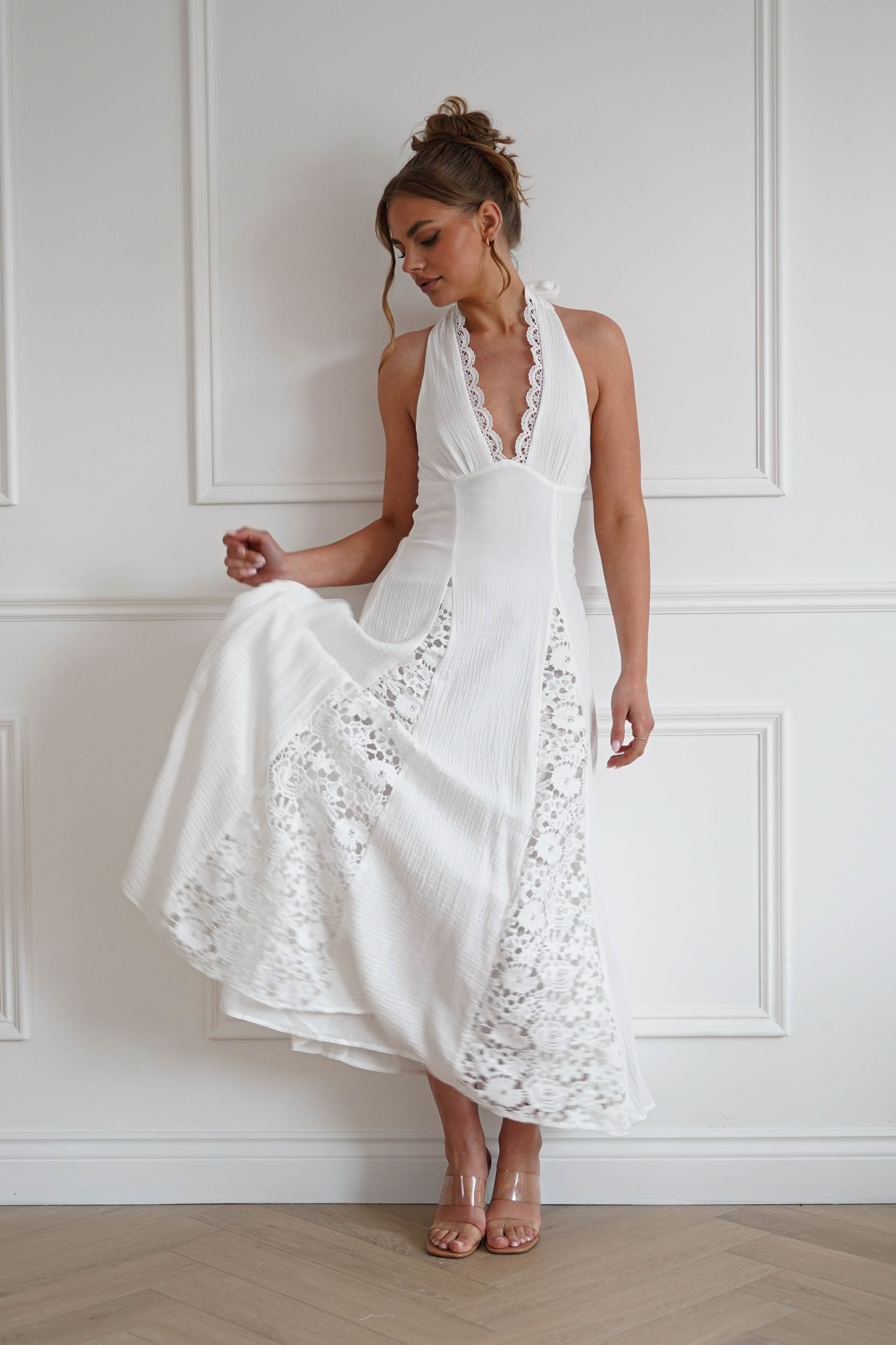 Oh Hello Clothing Dresses > Prom Dresses 1*DONE-RT0035D-INDIKAH-White Lace Trim Tie-Back Midi Dress