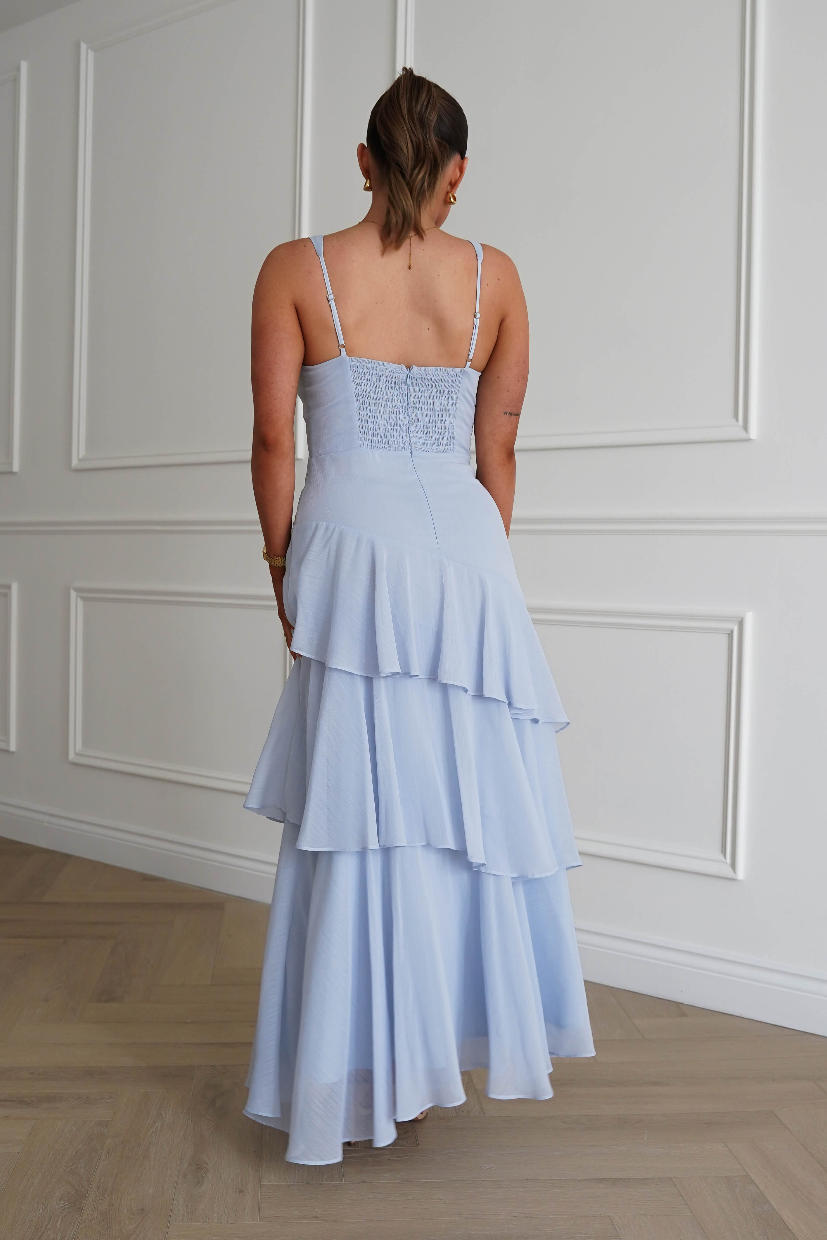 Oh Hello Clothing Dresses > Prom Dresses 1*DONE-SAMPLE DRES-JY26017- Powder Blue Tiered Maxi Dress with bead detail