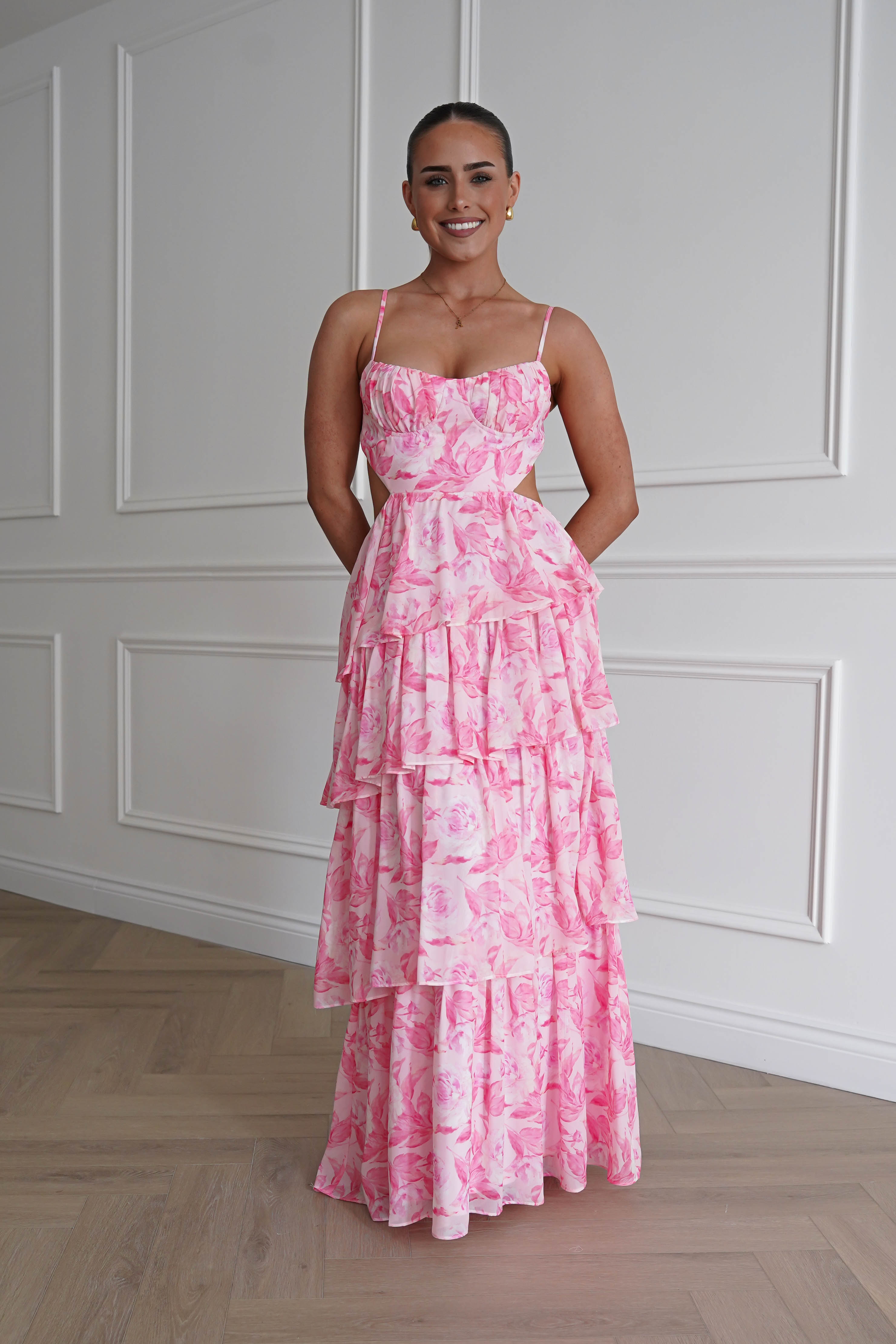 Oh Hello Clothing Women > Clothing > Dresses 1* DONE - SAMPLE- SAME STYLE AS Elouise Floral Tiered Maxi Dress PINK