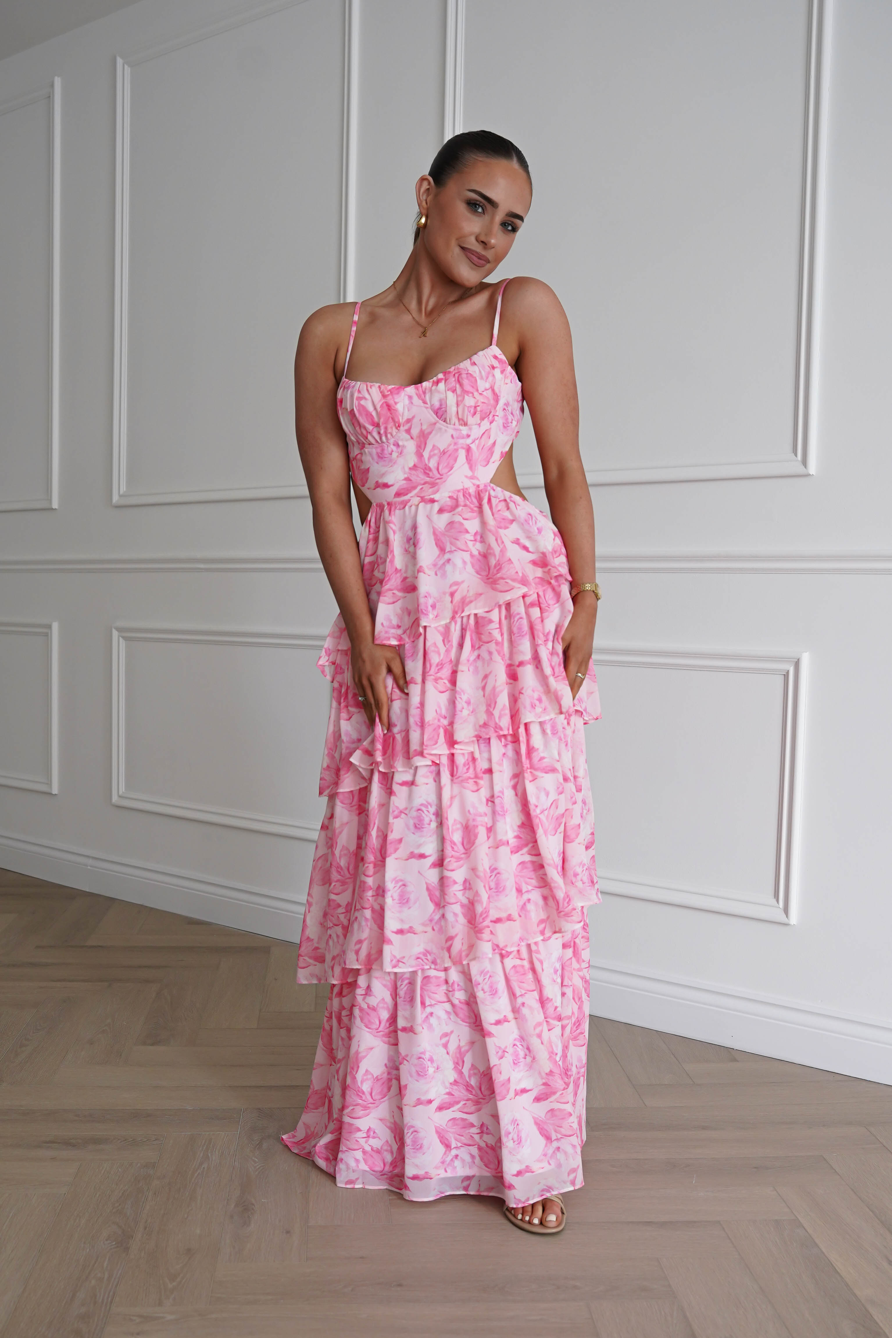 Oh Hello Clothing Women > Clothing > Dresses 1* DONE - SAMPLE- SAME STYLE AS Elouise Floral Tiered Maxi Dress PINK