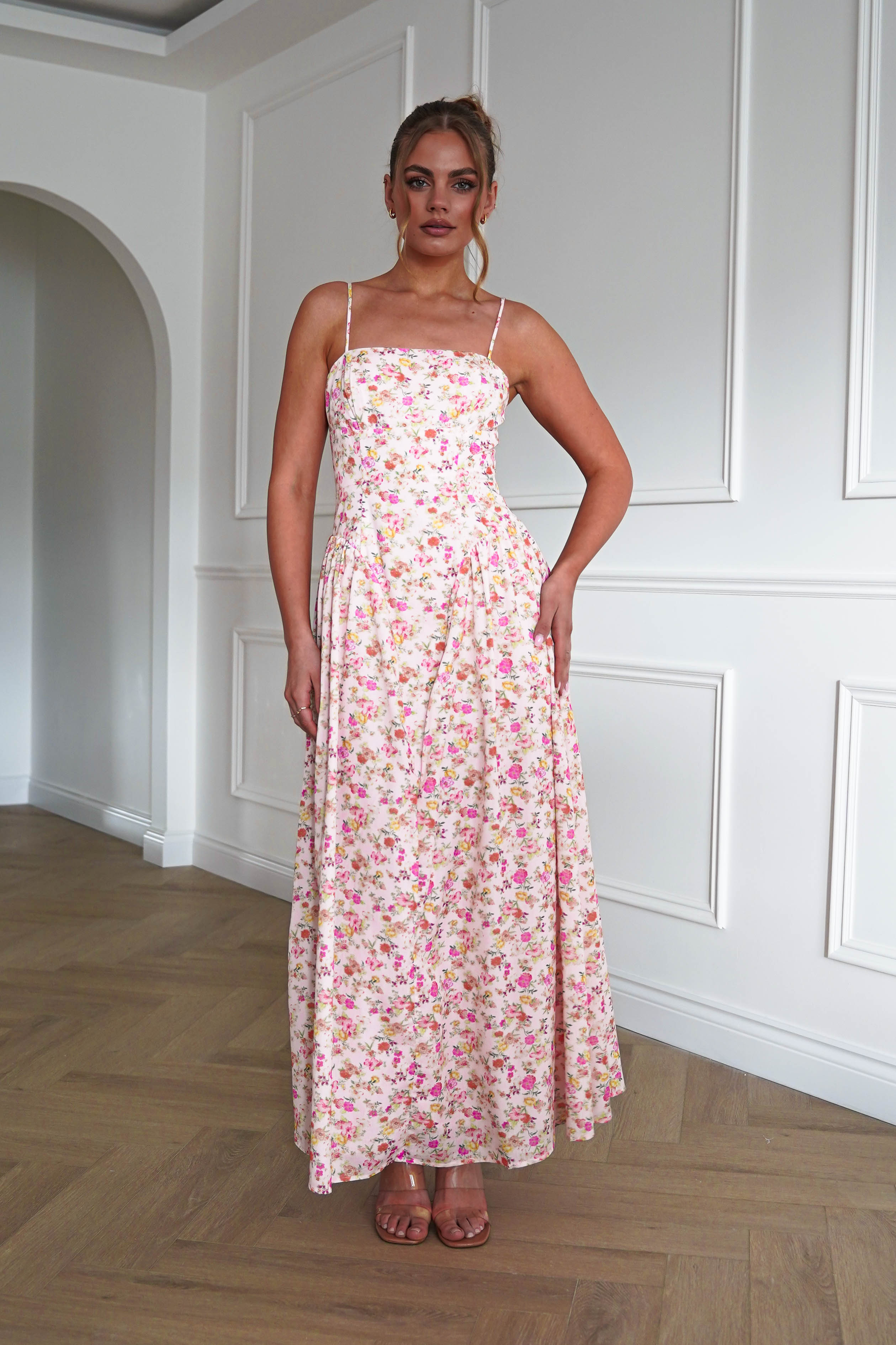 Oh Hello Clothing Dresses > Prom Dresses 1*DONE-SASHA-64542J07- Pink Ditsy Floral Midi Dress