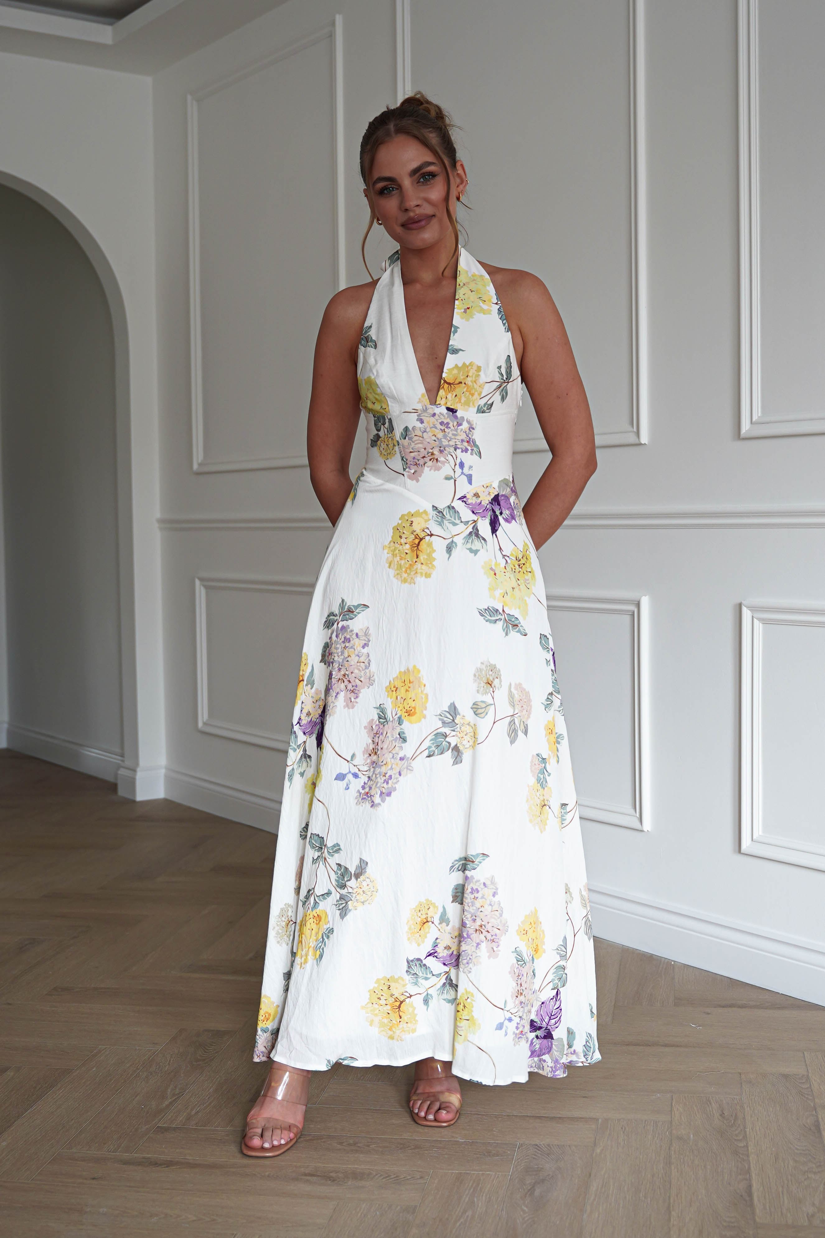 Oh Hello Clothing Dresses > Prom Dresses 1*DONE-SASHA-64784D15- YELLOW Floral Open Back Midi Dress (Copy)