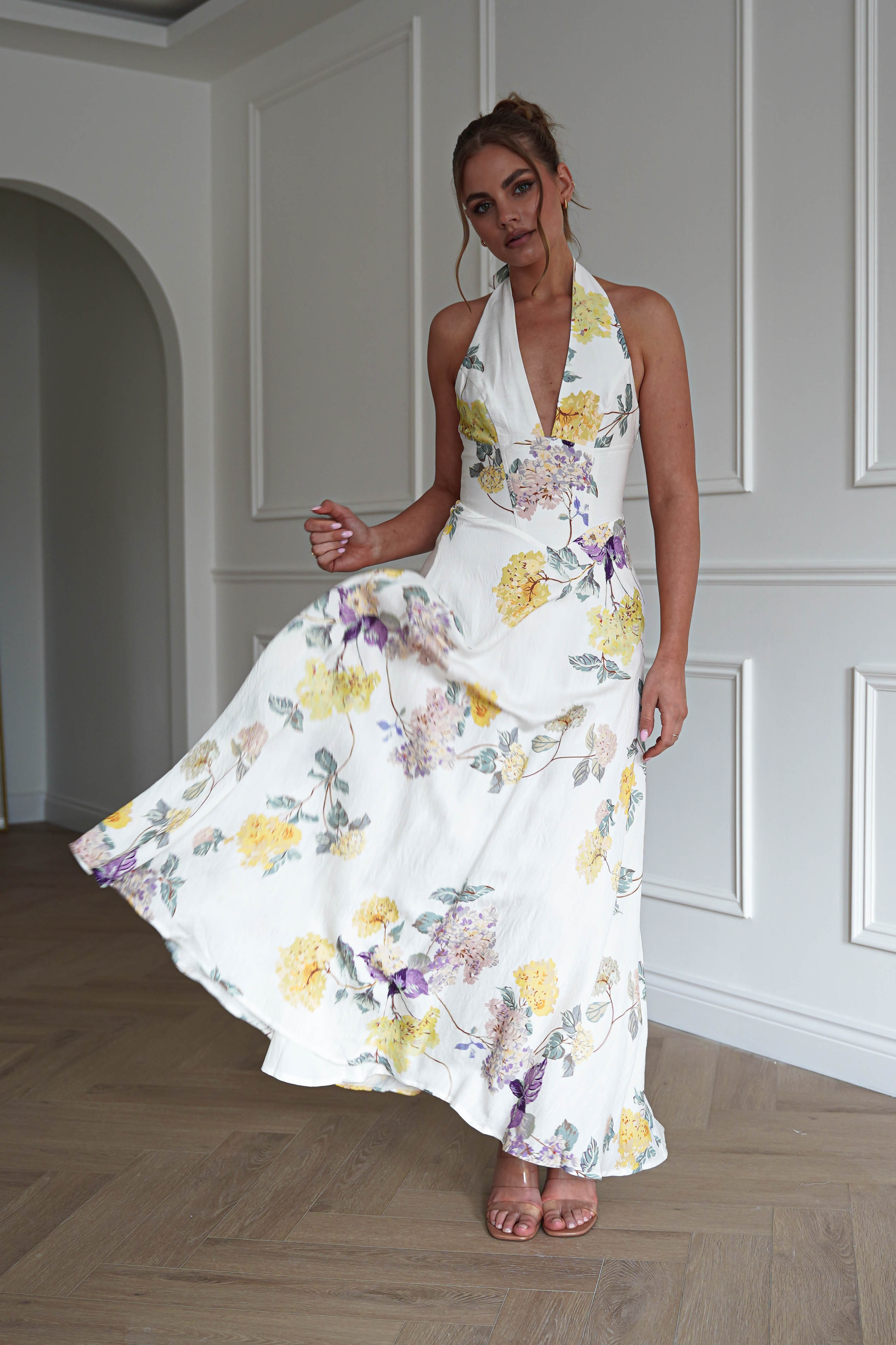 Oh Hello Clothing Dresses > Prom Dresses 1*DONE-SASHA-64784D15- YELLOW Floral Open Back Midi Dress (Copy)