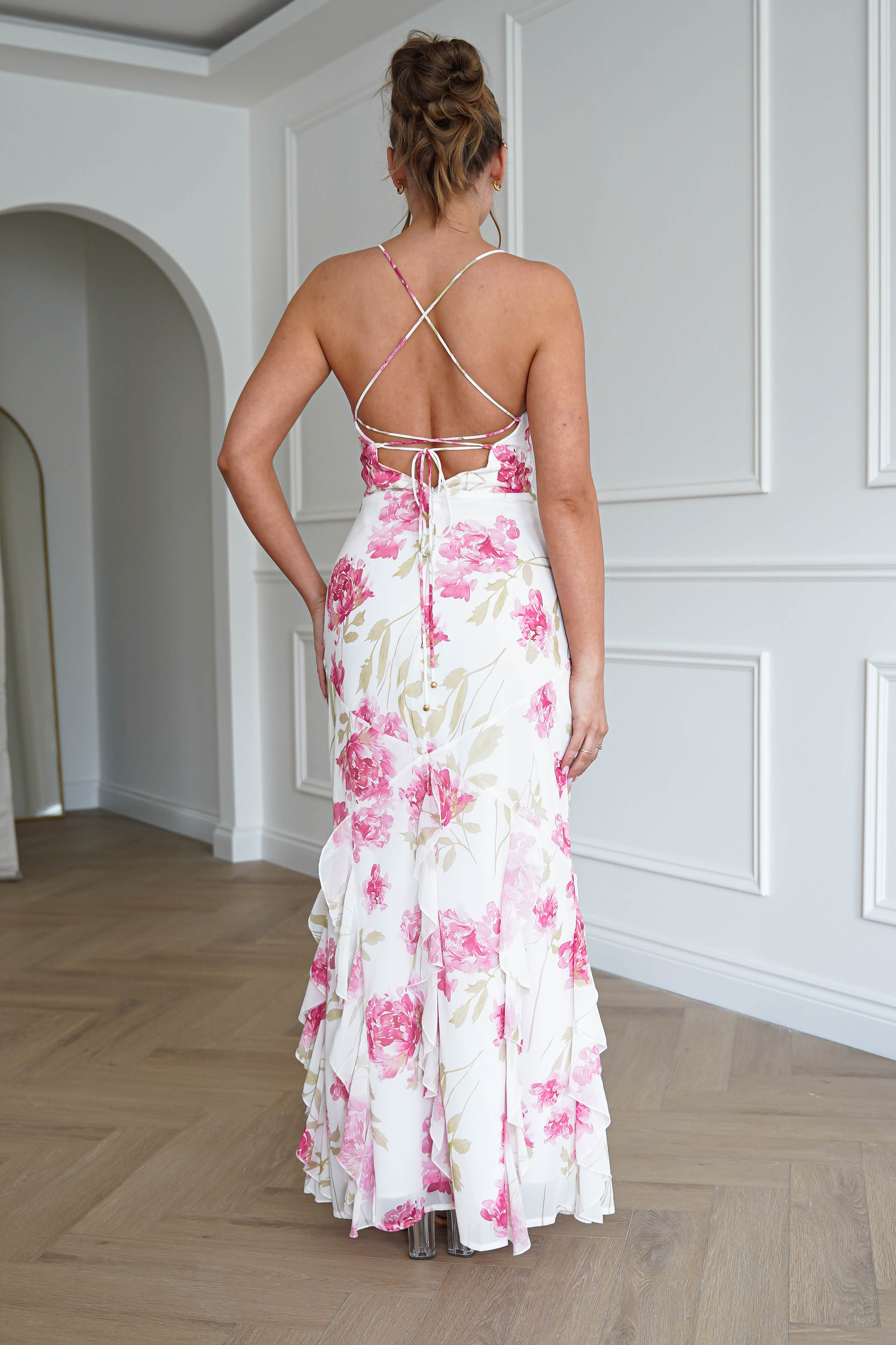 Oh Hello Clothing Dresses > Prom Dresses 1*DONE-SASHA-64930D01- WHITE/ Pink Floral Ruffle Hem Midi Dress