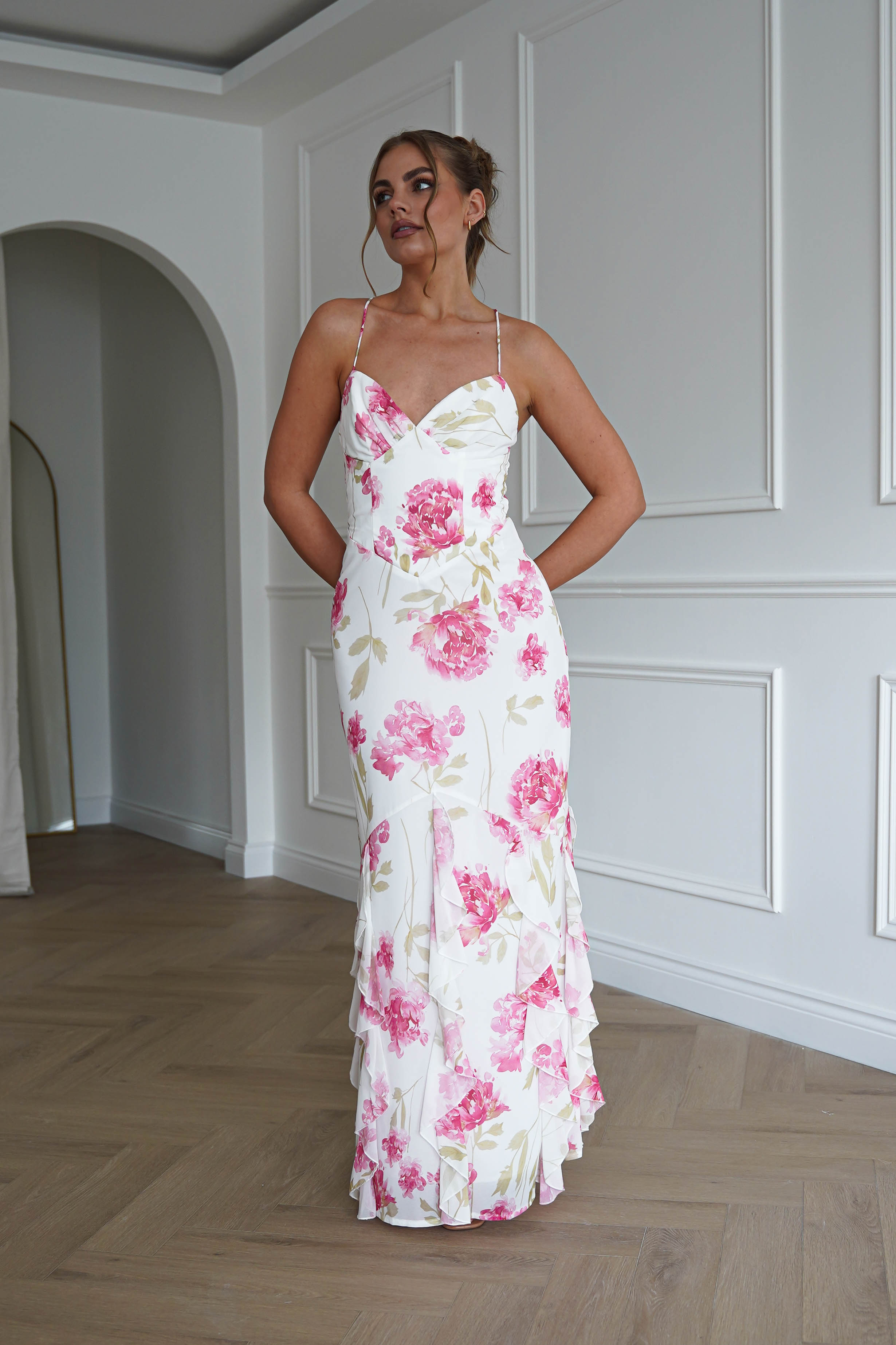 Oh Hello Clothing Dresses > Prom Dresses 1*DONE-SASHA-64930D01- WHITE/ Pink Floral Ruffle Hem Midi Dress