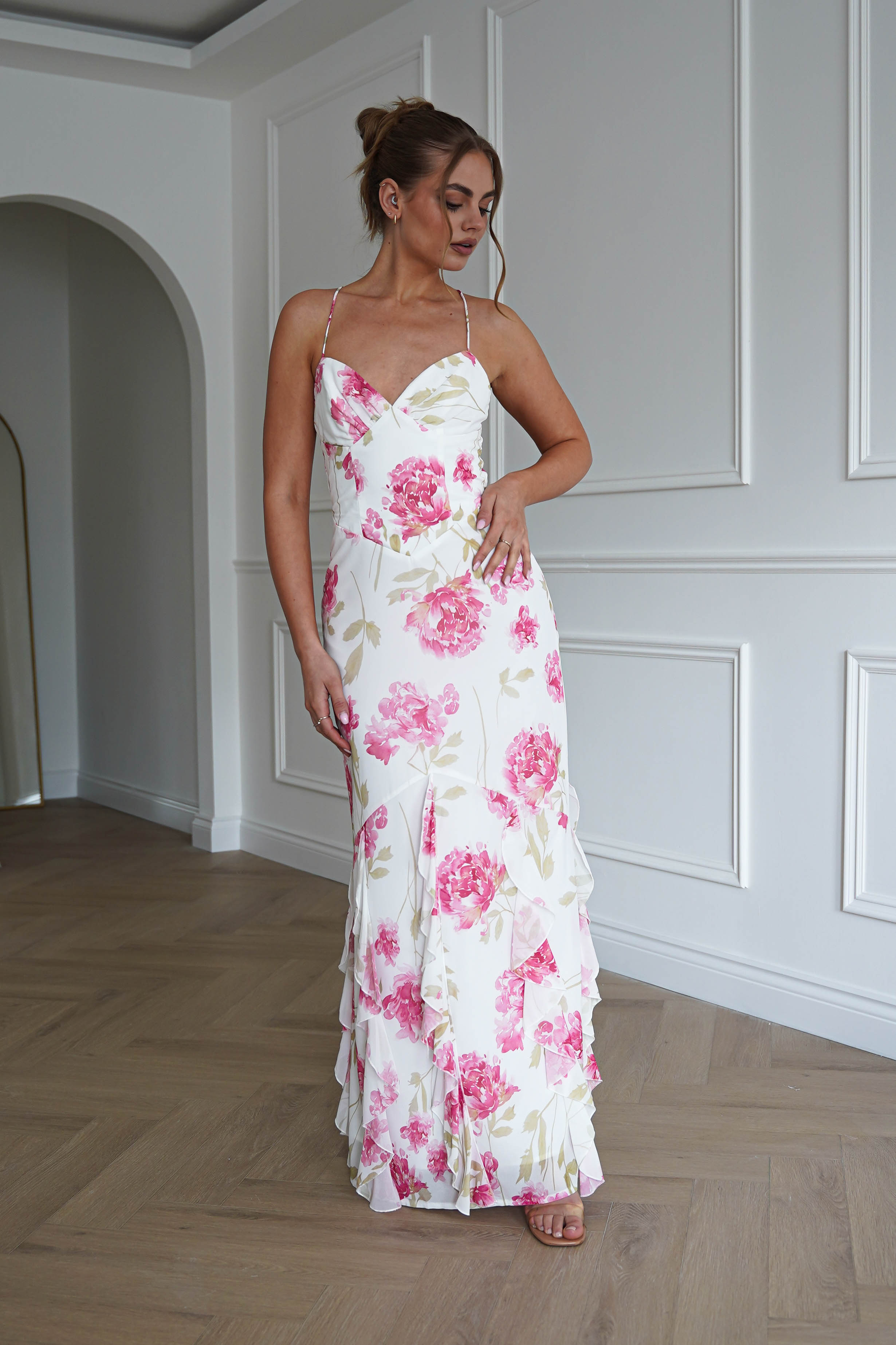 Oh Hello Clothing Dresses > Prom Dresses 1*DONE-SASHA-64930D01- WHITE/ Pink Floral Ruffle Hem Midi Dress