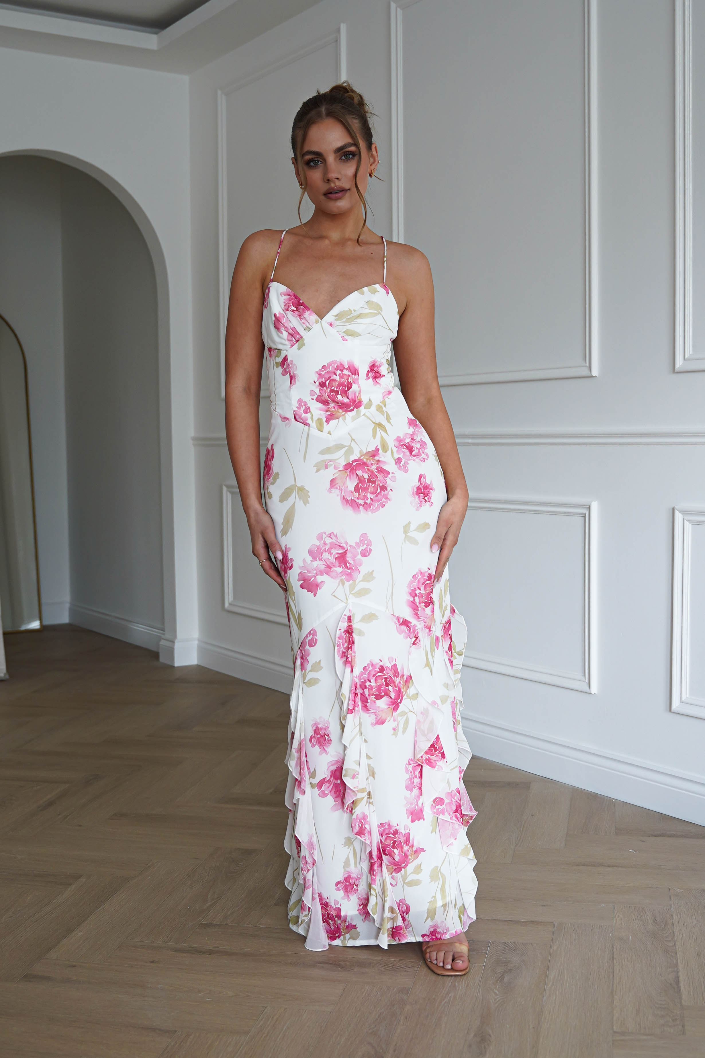 Oh Hello Clothing Dresses > Prom Dresses 1*DONE-SASHA-64930D01- WHITE/ Pink Floral Ruffle Hem Midi Dress