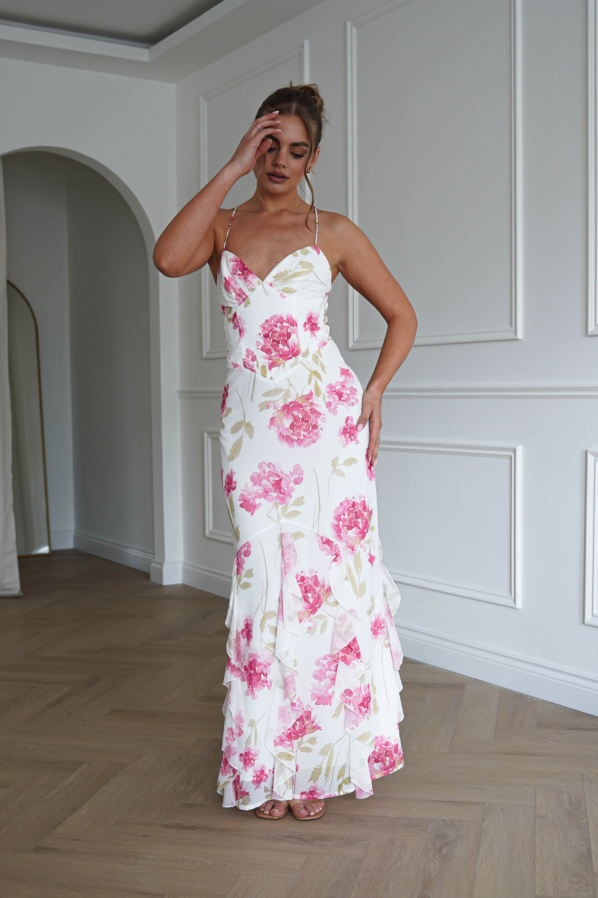 Oh Hello Clothing Dresses > Prom Dresses 1*DONE-SASHA-64930D01- WHITE/ Pink Floral Ruffle Hem Midi Dress